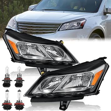 KUIPERAUTO Pair Headlights Assembly Front Lamp Compatible with 2013-2017 Chevy Traverse Driver and Passenger Side Chrome Housing/Clear Lens/Amber Reflector w/bulbs