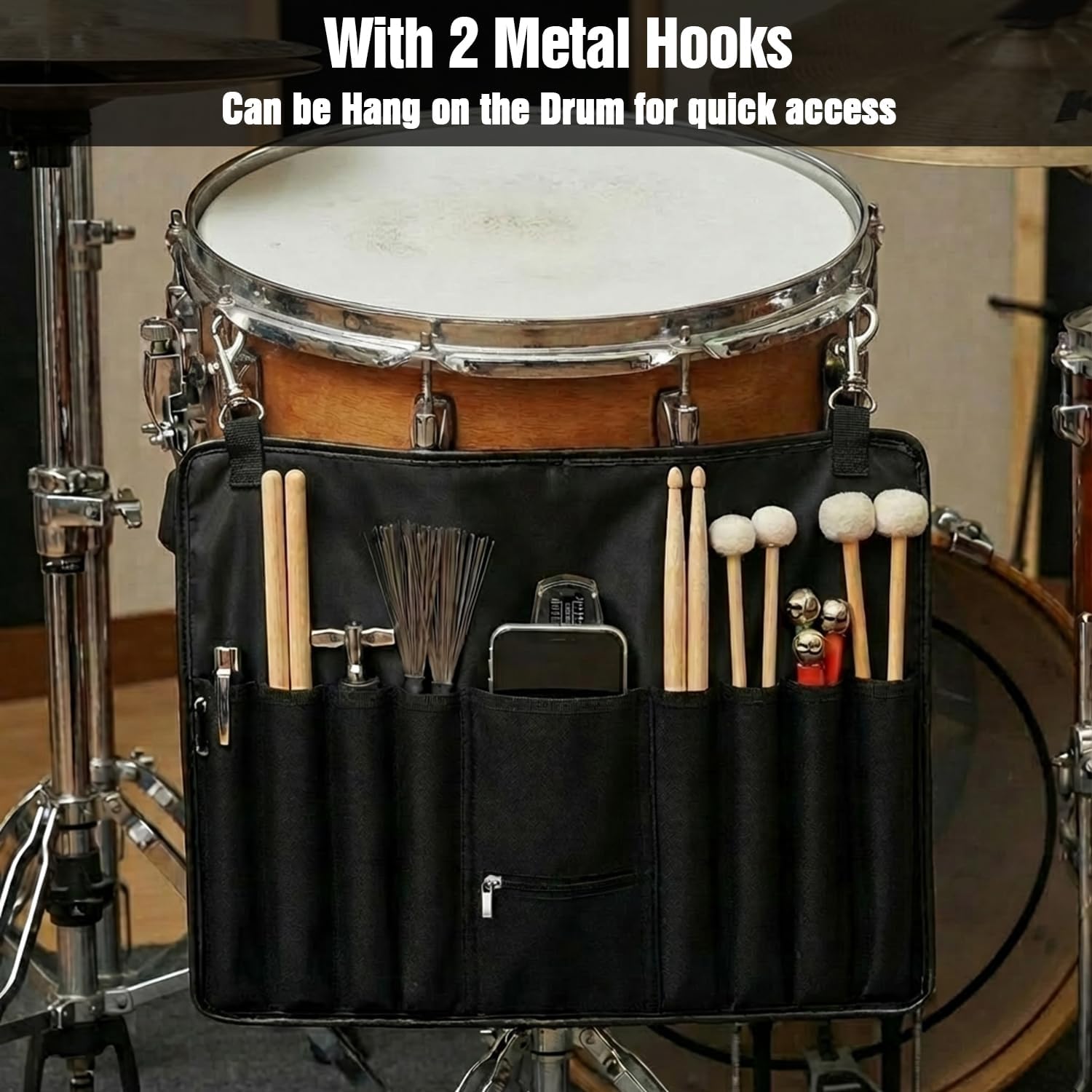 Drum Stick Bag and Holder, Crossbody Shoulder Strap Portable Drumstick Bag 1 Storage Bags and 1 Holder Kit Gifts for Drummers, Beginners, Black