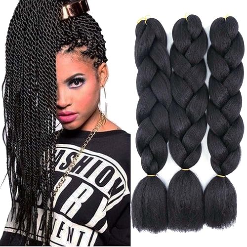Extensiones de cabello de trenzas jumbo, 3 unidades, color negro puro, 24 pulgadas, 3.53 ozunidad para trenzado de caja torcida (1B negro)