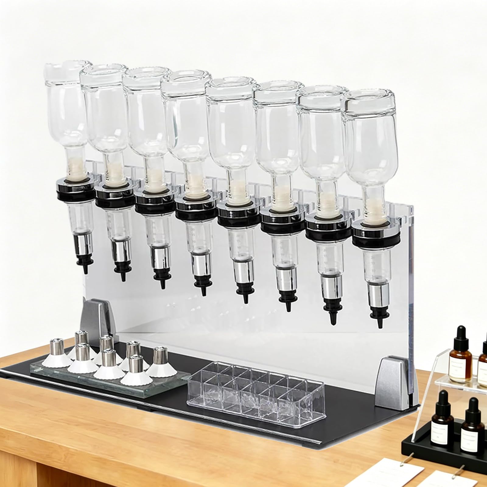Distributore Manuale di Profumo da 6/8/12 Flaconi – Riempitore Manuale con Flusso Regolabile E Supporto Espositivo in Acrilico, Dispenser Manuale di Profumo 8heads
