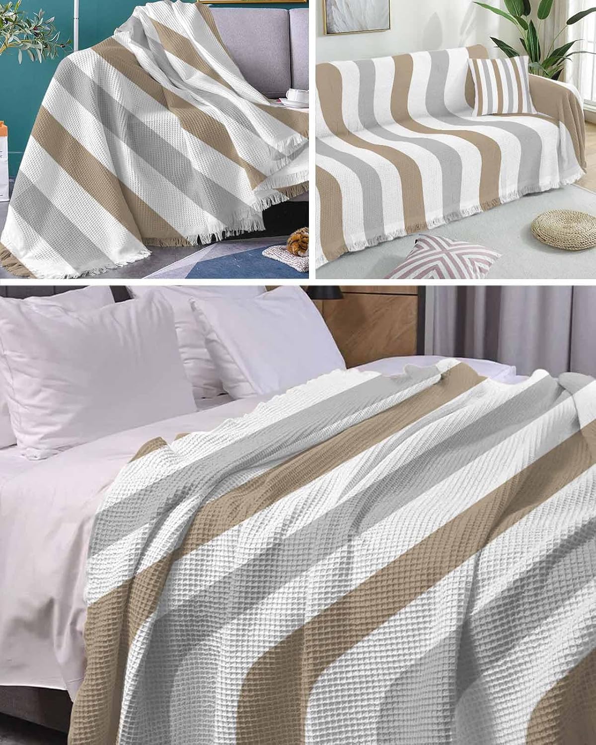 Modern Art Couch Cover, Gray Light Brown Stripes Sofa Cover for 2 Cushion Couch Sectional Couch Slipcover Throw Sofa Covers Washable Pet Couch Cover Furniture Decor, 71"x102"