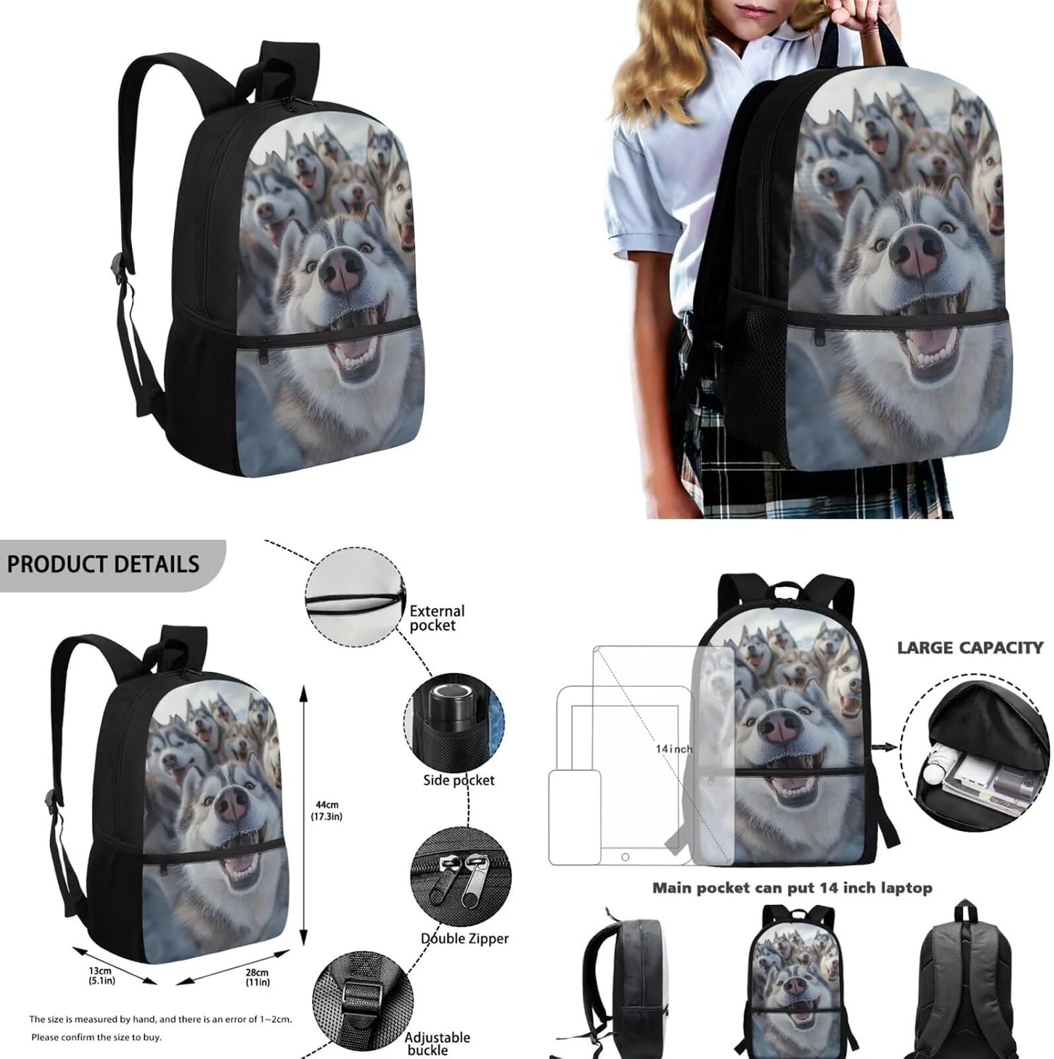 Husky Dog Backpack for School Boys Backpack with Lunch Box Water Bottle Carrier and Soft Pencil Pouch 4PCS Set Lightweight Bookbag with Front Pocket 17 inch Large Capacity School Bag for Kids