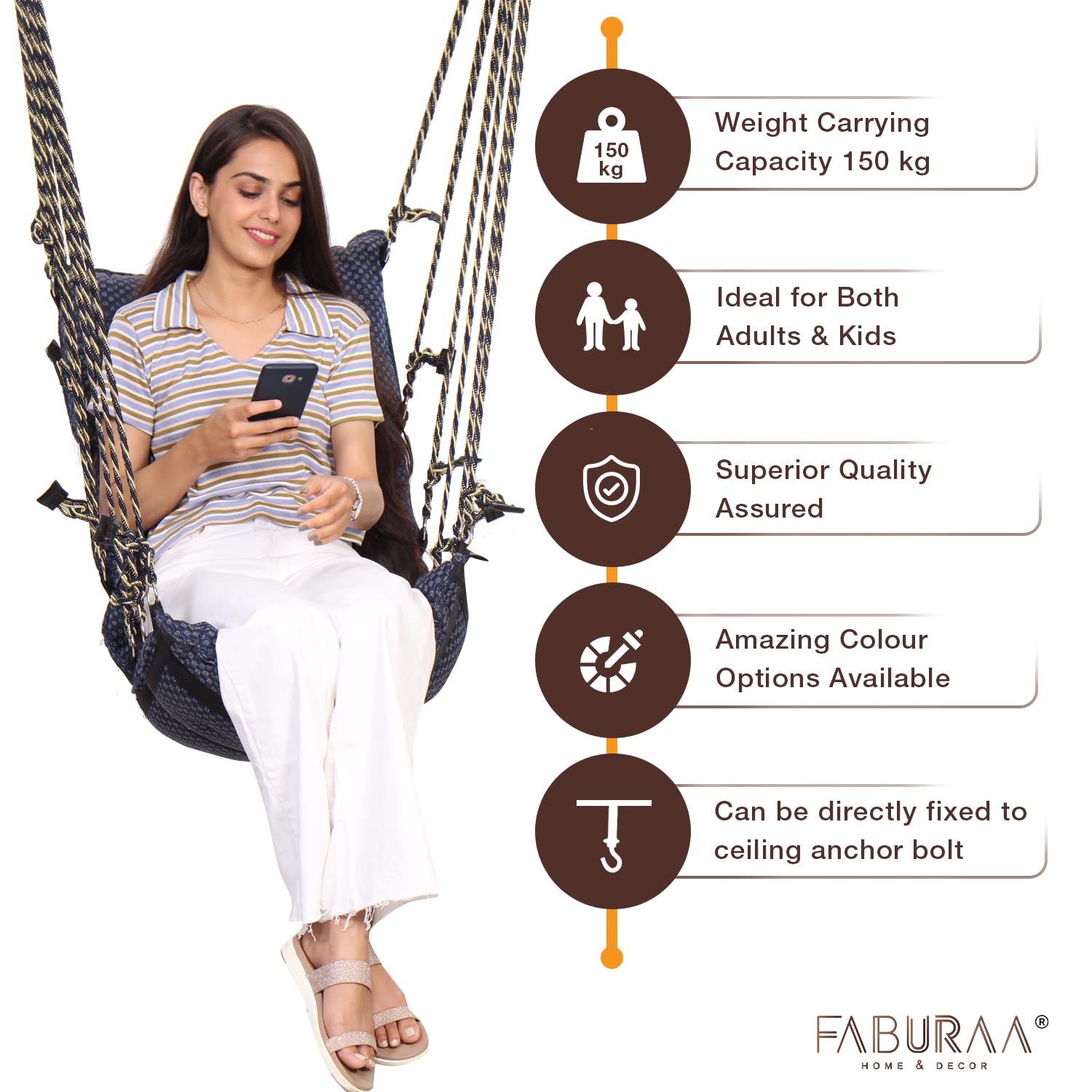 Faburaa Grande Swing Chair for Adults & Kids | Cotton Hanging Jhula for Balcony & Indoor Use | Heavy Duty Up to 120 kg | Triangle Rod Support | Blue 3