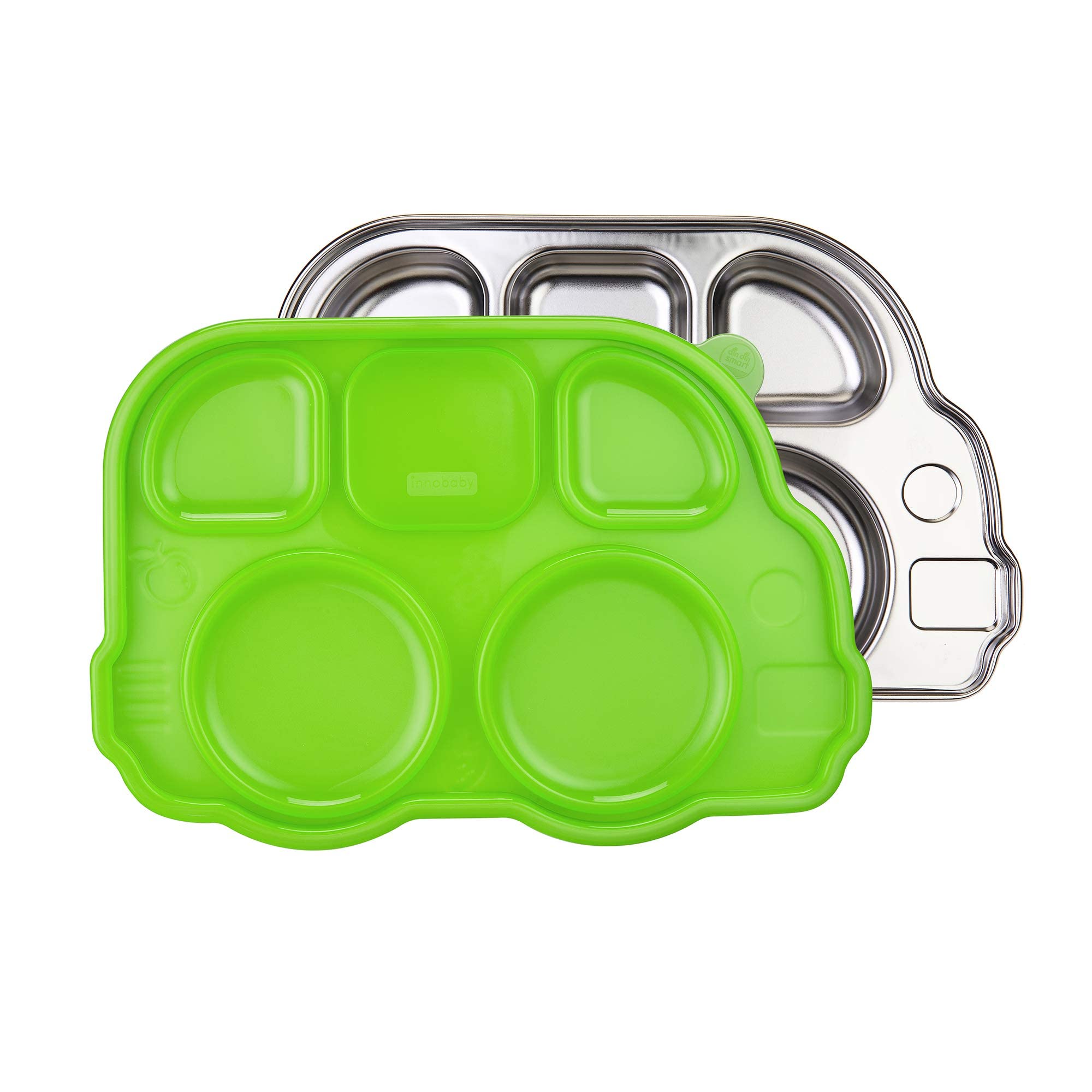 Innobaby Stainless Bus Plate with Airtight Sectional Lid, The Original, Leak-Resistant Divided Platter, Mom Invented Fun Shape Plate Din Din SMART for Babies, Toddlers and Kids, BPA Free Plate, Green