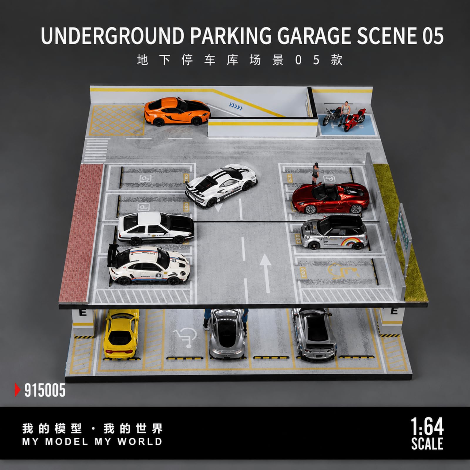 Miroir diorama 1:64 modèle de garage, modèle de scène de voiture moulé sous pression, éclairage LED pour stationnement de ville, modèle de bâtiment (garage 05)