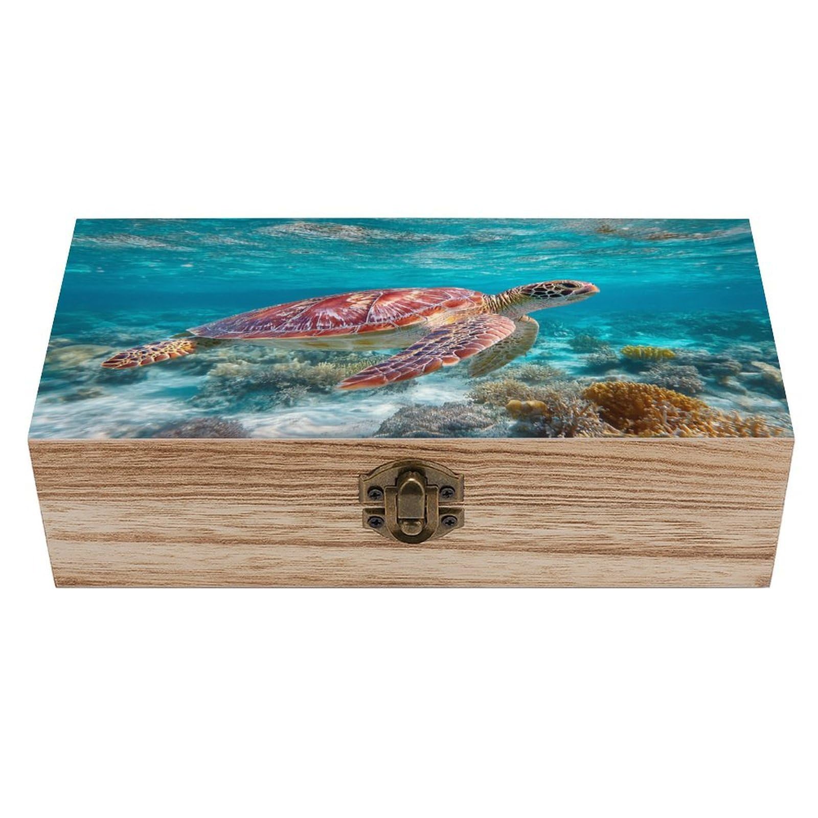 Ahdyr Majestic Sea Turtle Wooden Storage Box with Hinged Lid And Front Clasp Large Keepsake Box