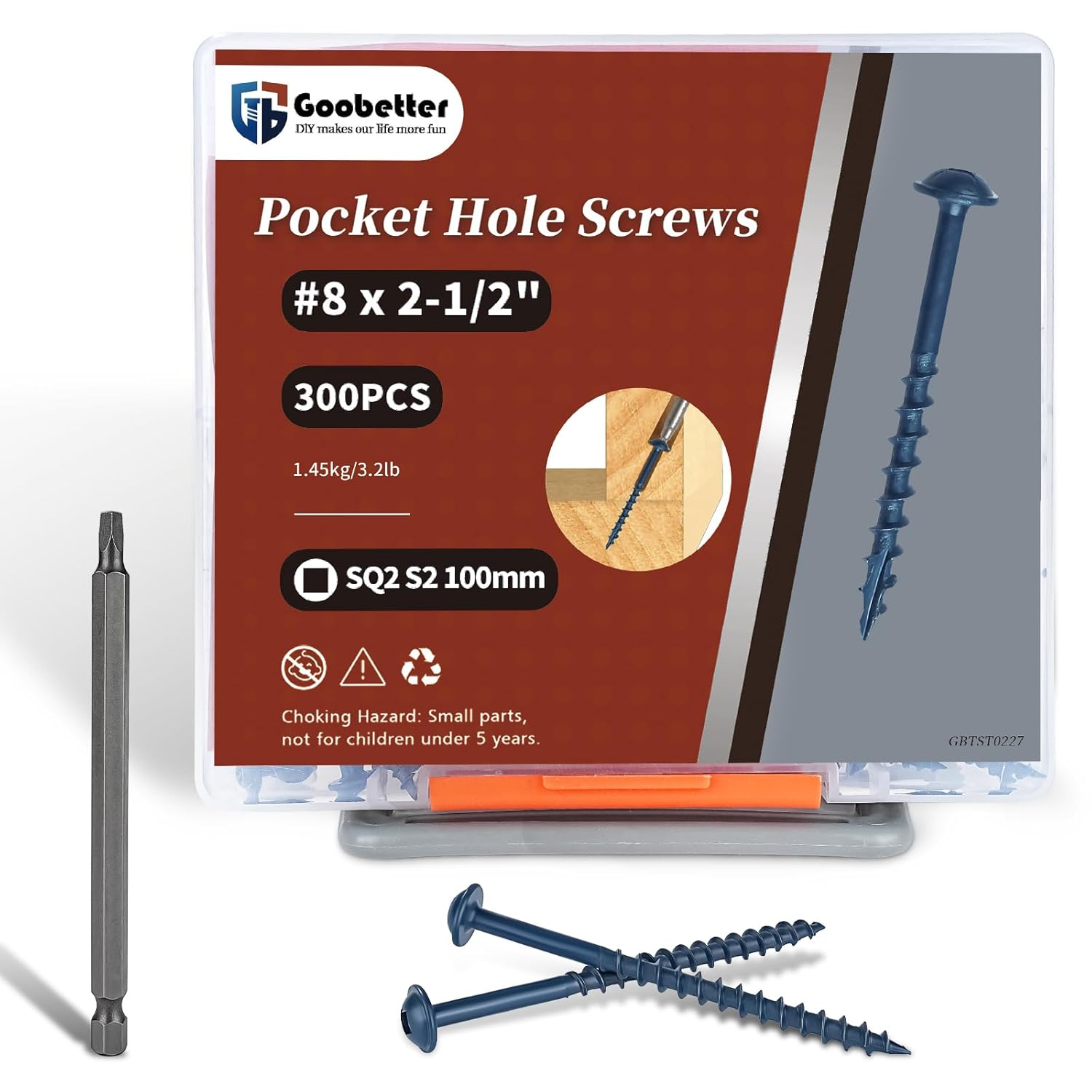 Pocket Hole Screws #8 x 2-1/2", Exterior Pocket Screws 300 Pcs, Washer Head with Square Drive, Coarse Thread, Blue Coated, Self Tapping, 100MM Drive Bit Included