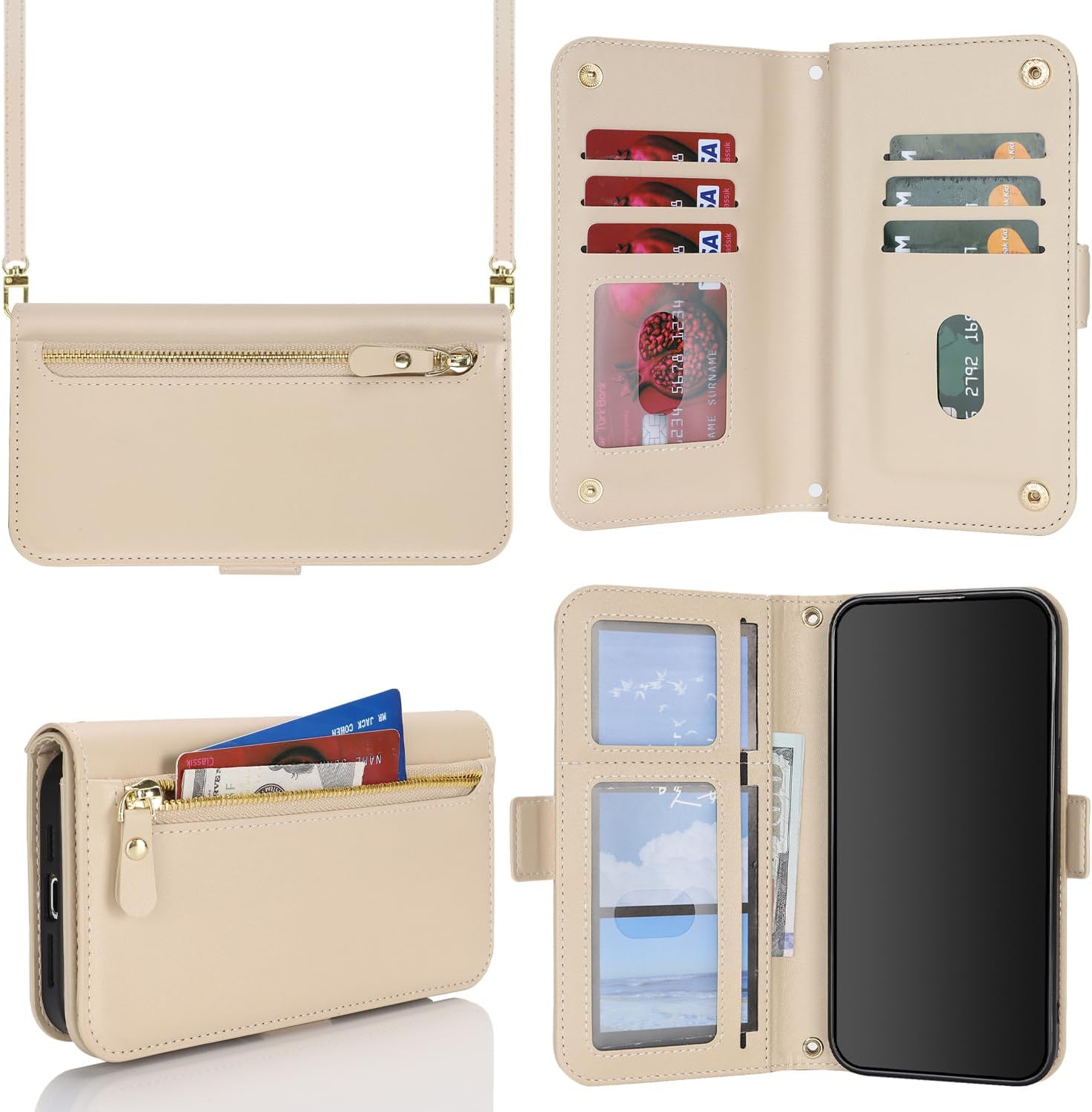 for iPhone 15 Pro Wallet Case for Women,for iPhone 15 Pro Case with Strap Crossbody Lanyard,PU Leather Shockproof Card Holder Stand Zipper Pocket Flip Phone Case-Beige