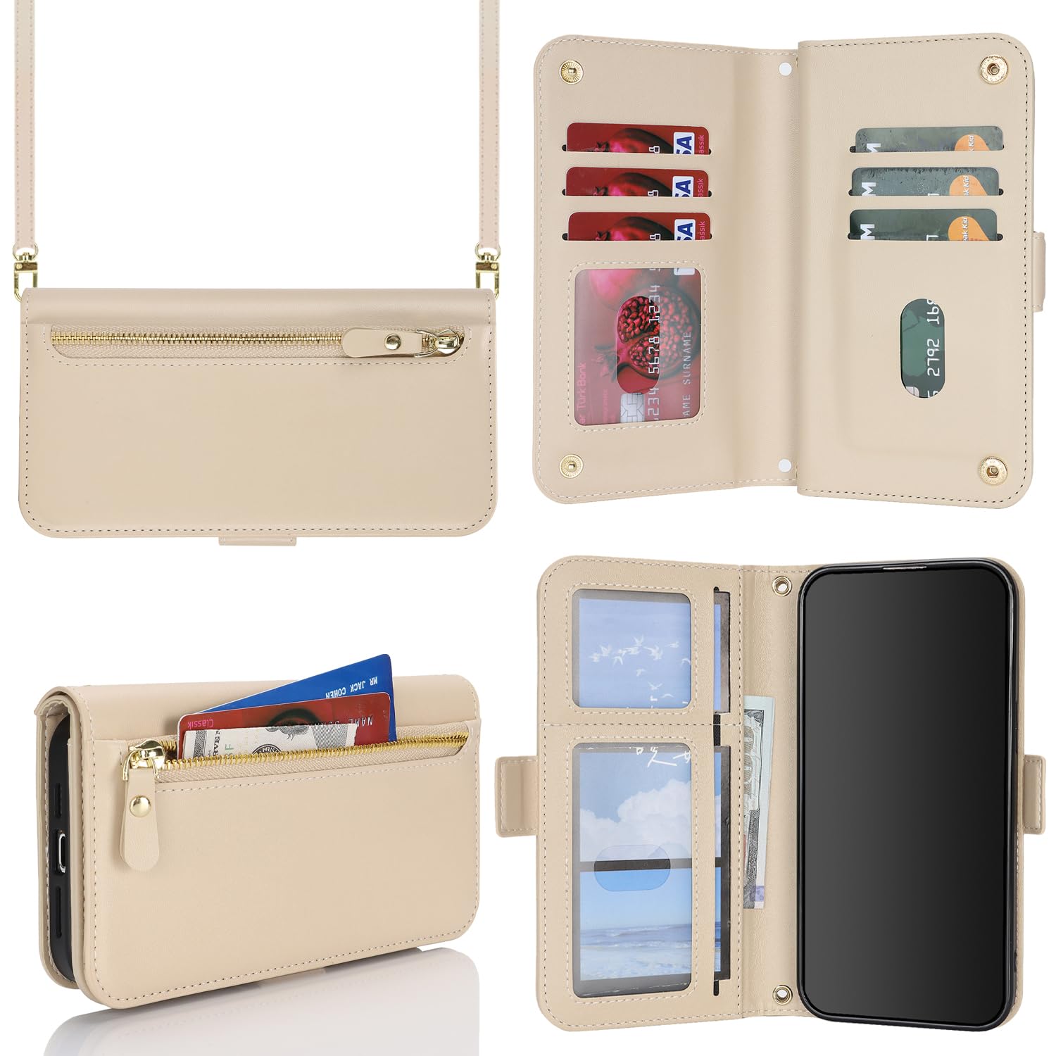 for iPhone 11 Wallet Case for Women,for iPhone 11 Case with Strap Crossbody Lanyard,PU Leather Shockproof Card Holder Stand Zipper Pocket Flip Phone Case-Beige