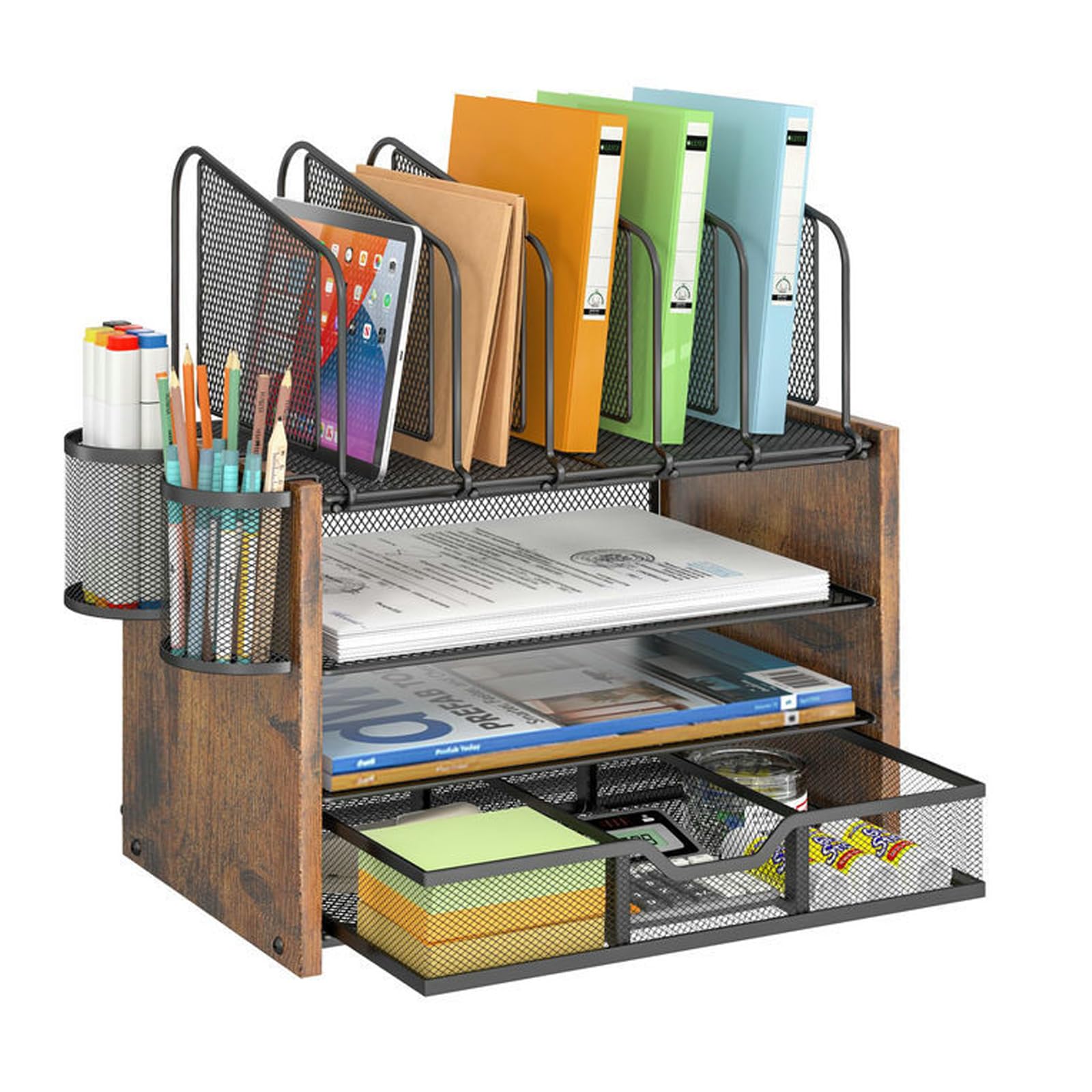 Whemyreat Organizador de escritorio de malla de 4 niveles de madera y metal, organizador de papel negro A4 con drawer y 2 soportes para bolígrafos, bandeja de documentos, organizador de escritorio