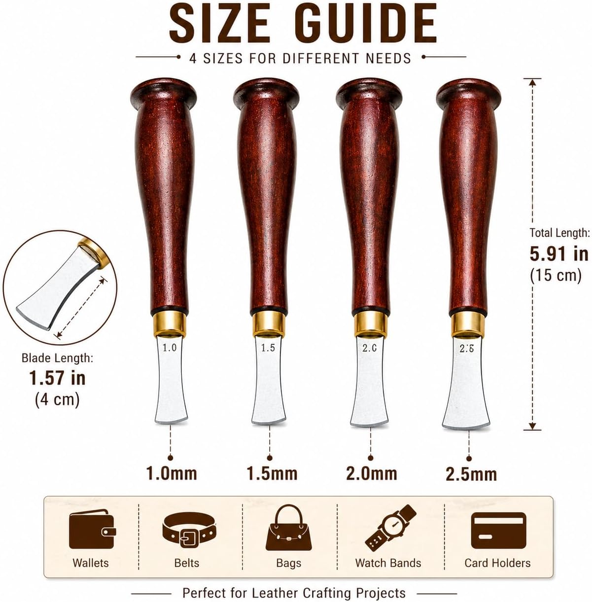 Leather Edge Creaser Tool Set 4pcs, 1.0/1.5/2.0/2.5mm Leather Groover Burnishing Tool, Stainless Steel Blade with Rosewood Handle for Leather Craft DIY, Wallet Belt Edge Creasing