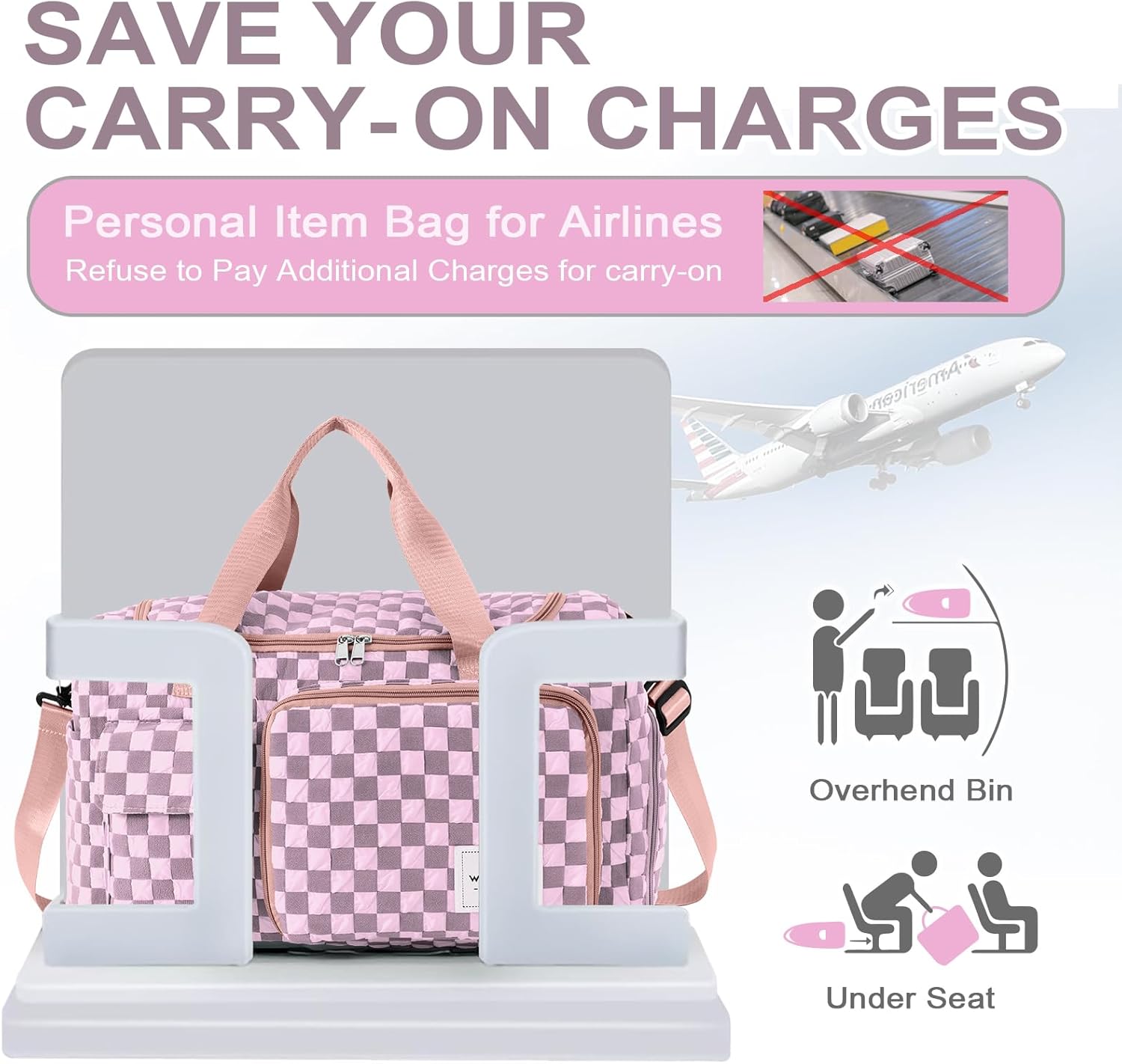 WOOMADA Foldable Travel Duffel Bag with Shoes Compartment, Overnight Bag with Wet Pocket & Trolley Sleeve, Weekender Bags for Women (pink checkerboard) - Image 4