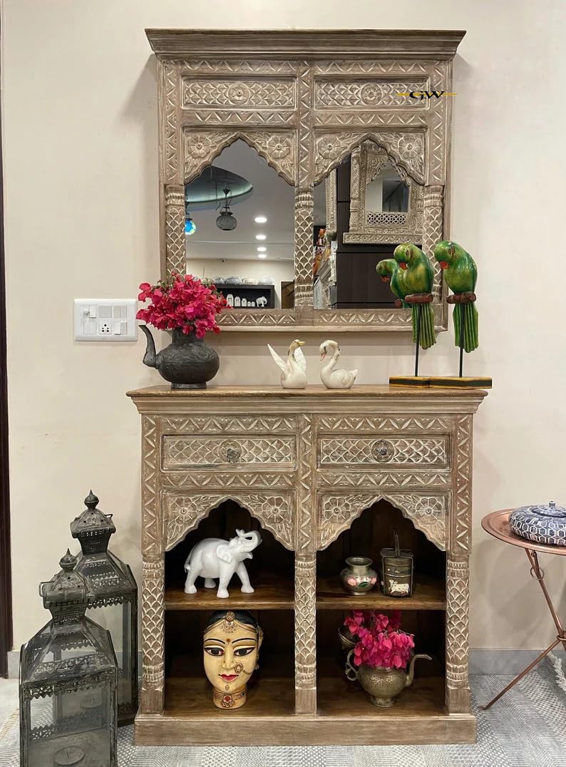 GLOBAL WOOD Solid Mango Wood Sideboard Cabinet with Jharoka Mirror Frame Chest of Two Drawers Antique Decor-image-22