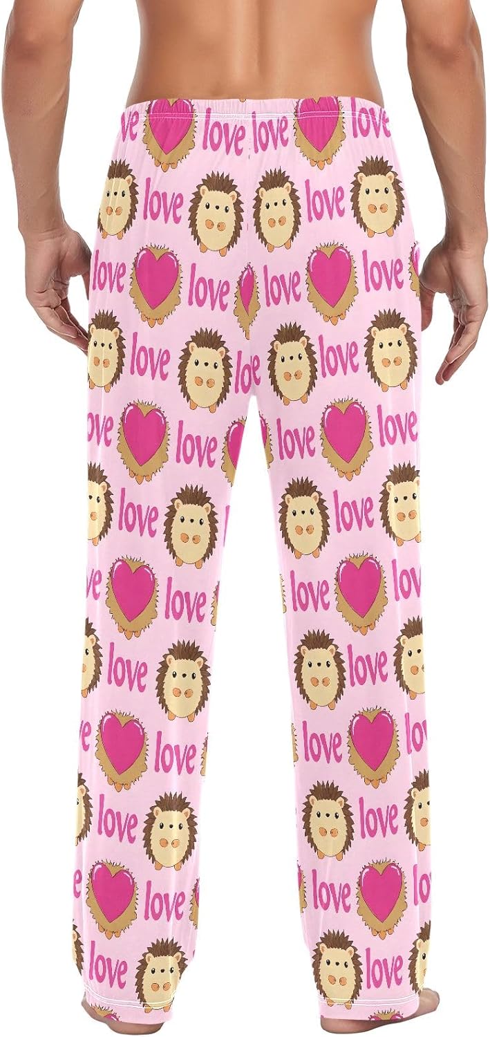 Men Pajama Pants Hedgehog Love Heart Pattern Lounge Comfortable Relaxed Sleepwear Bottom