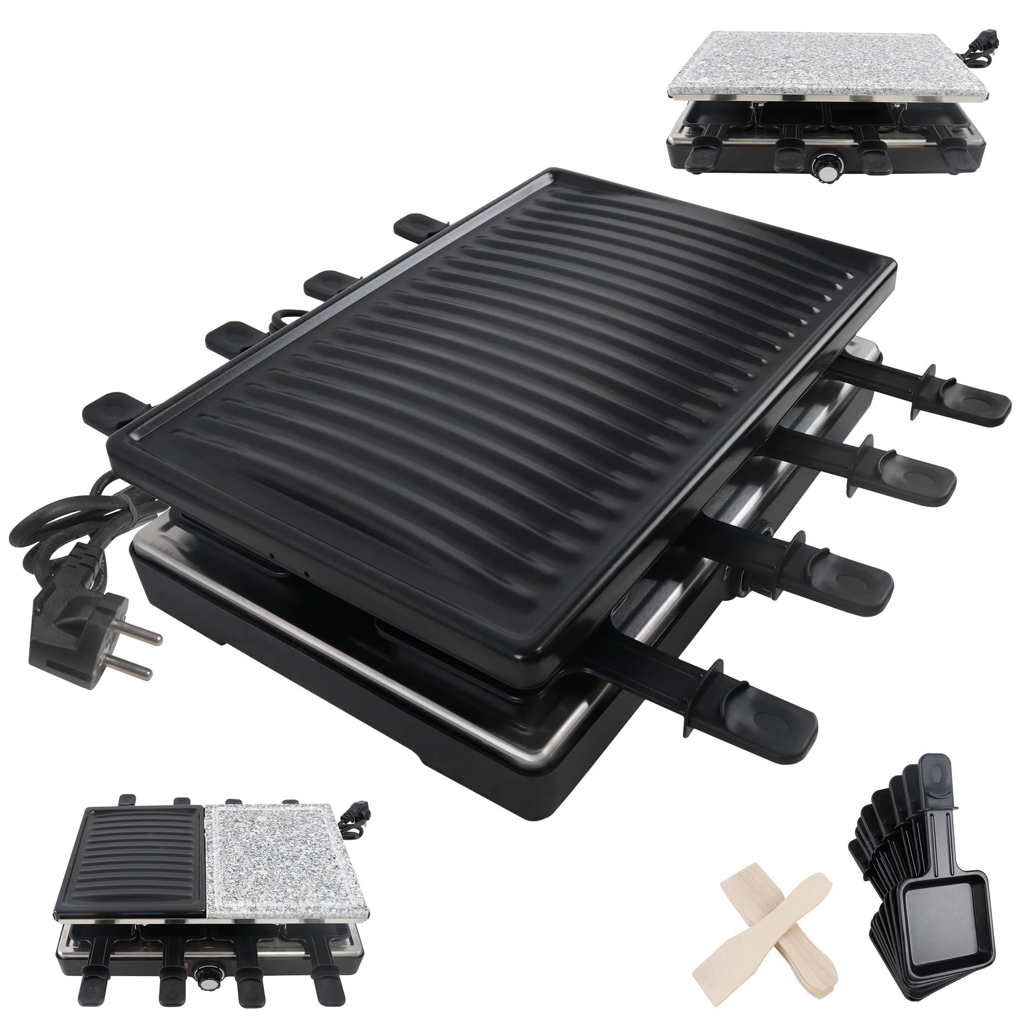 ACXIN Grill raclette dla 8 osób, z naturalnym kamieniem do grillowania i powłoką zapobiegającą przywieraniu, 8 patelni i drewniana szpatułka, maks. 1400 W, elektryczna patelnia grillowa, do użytku