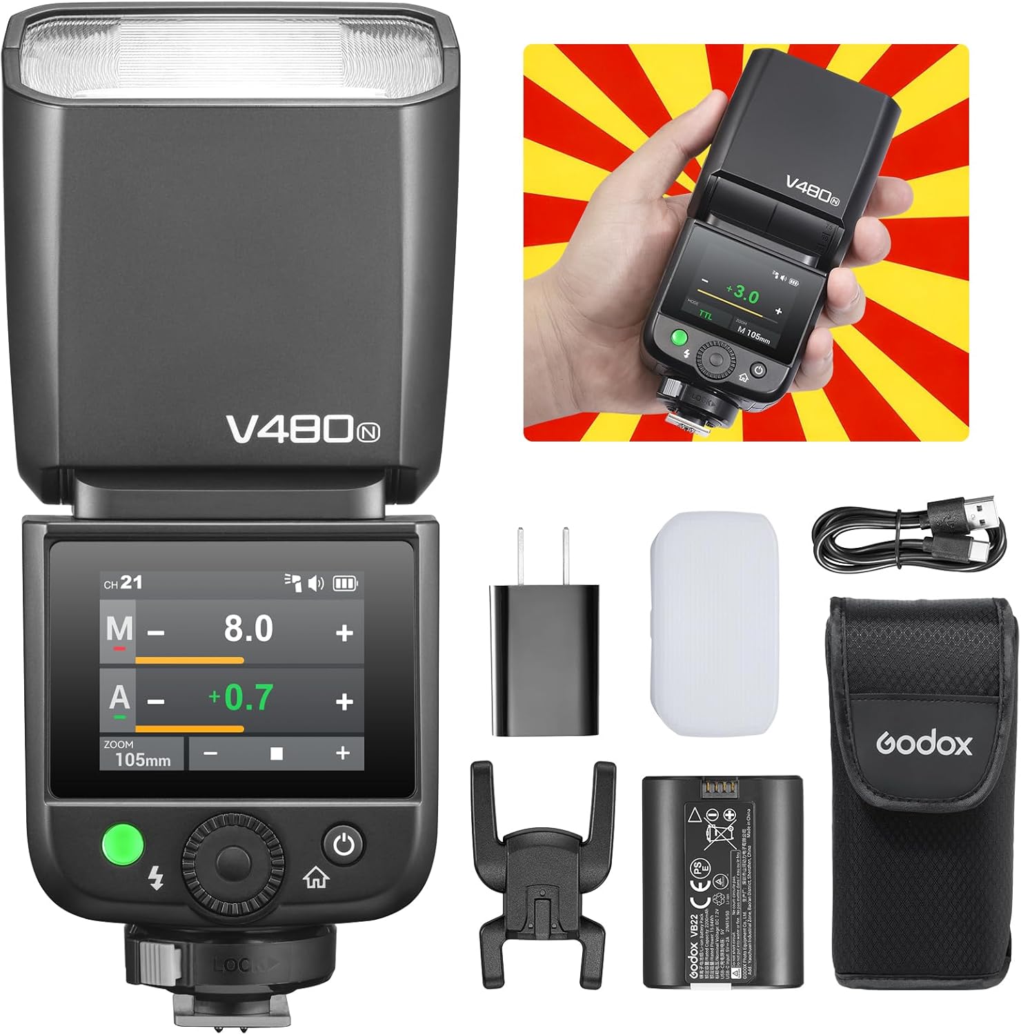 Godox V480N TTL Speedlite Flash for Nikon Cameras, GN50, 2.0" Touchscreen, HSS 1/8000s, 2.4G Wireless, USB-C Rechargeable, 650 Full-Power Flashes, Compatible with Z7 II Z6 II Z5 Z50 D850 D780