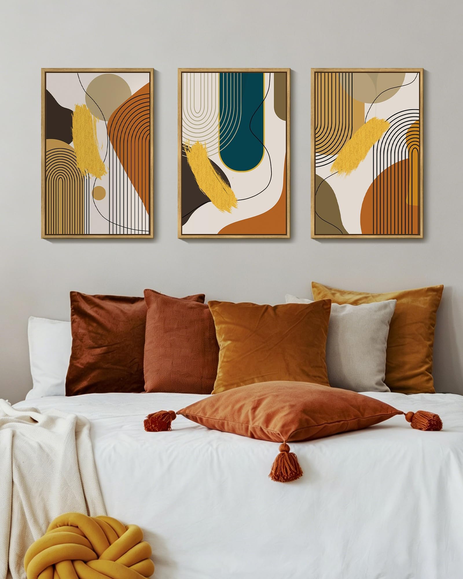 PHOPAGO 16x24in Large Boho Abstract Framed Wall Art Modern Minimalist Luxury Gold Line Artwork Kitchen Dining Room Decor Natural Framed