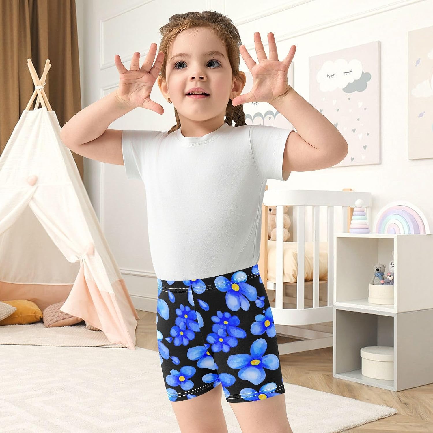Flower Black Blue Girls Bike Shorts Toddler Soft Cotton Active Biker Shorts