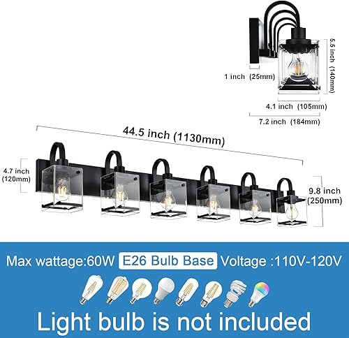 Miniatura 6 de Luces de tocador de baño de 6 luces, luces de pared negras modernas para baño con pantalla de vidrio transparente, para espejo, cama, pasillo (base