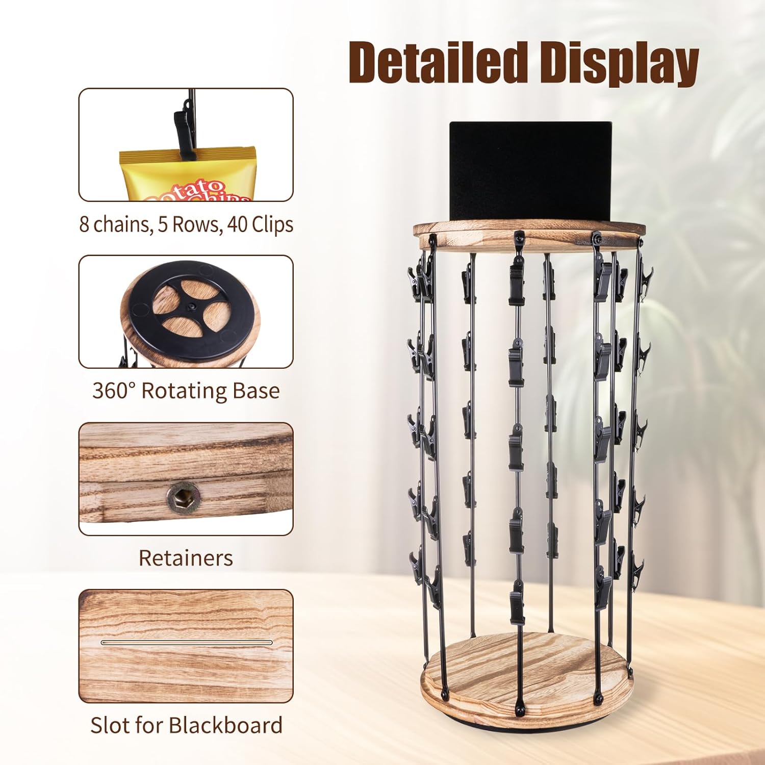 Chip Display Rack, Chip Holder 5 Rows 40 Clips, 360° Swivel Wooden Base, Chip Bag Display for Concession Stand, Party, Store, Case of 1