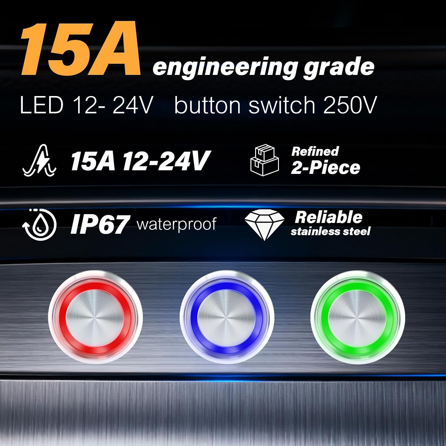 15Amp Latching Push Botton Switch 2PCS,19mm(0.75”)12V-24V Stainless Steel AC/DC IP67 Waterproof With Blue LED Angel Eye Light On and Off With Wire Socket.