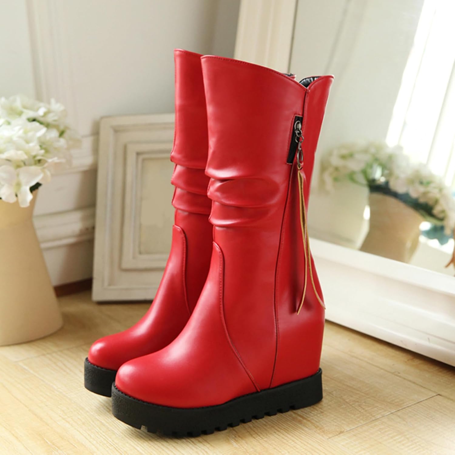 Asterisco Women Wedge Heel Mid Calf Boots With Platform High Heel Boots Round Toe Slip On Snow Boots, Size 1-14.5