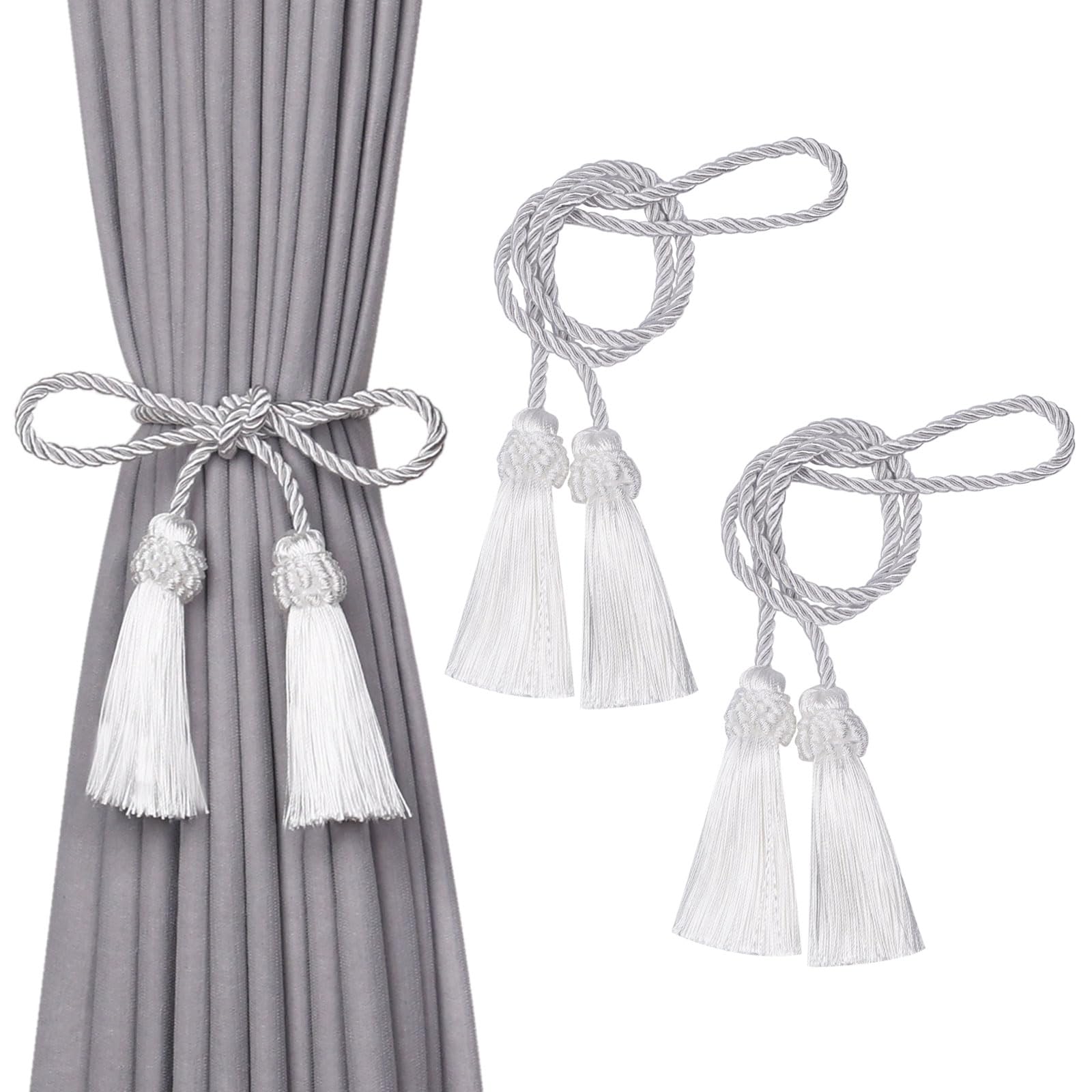 Pretty Jolly 2 Pack Double-Ended Tassel Curtain Tiebacks European Style Decorative Drape Tie Backs Elegant Handmade Braided Rope Knot Curtain Holdbacks for Home & Office Window Drapery (White)