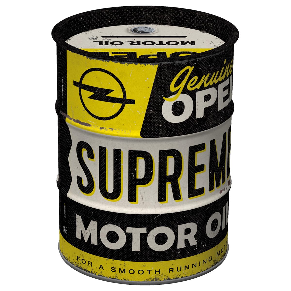Nostalgic-Art Retro money box, 600 ml, Opel – Supreme Motor Oil – Gift idea for Opel fans, Official License Product (OLP), metal piggy bank, vintage design