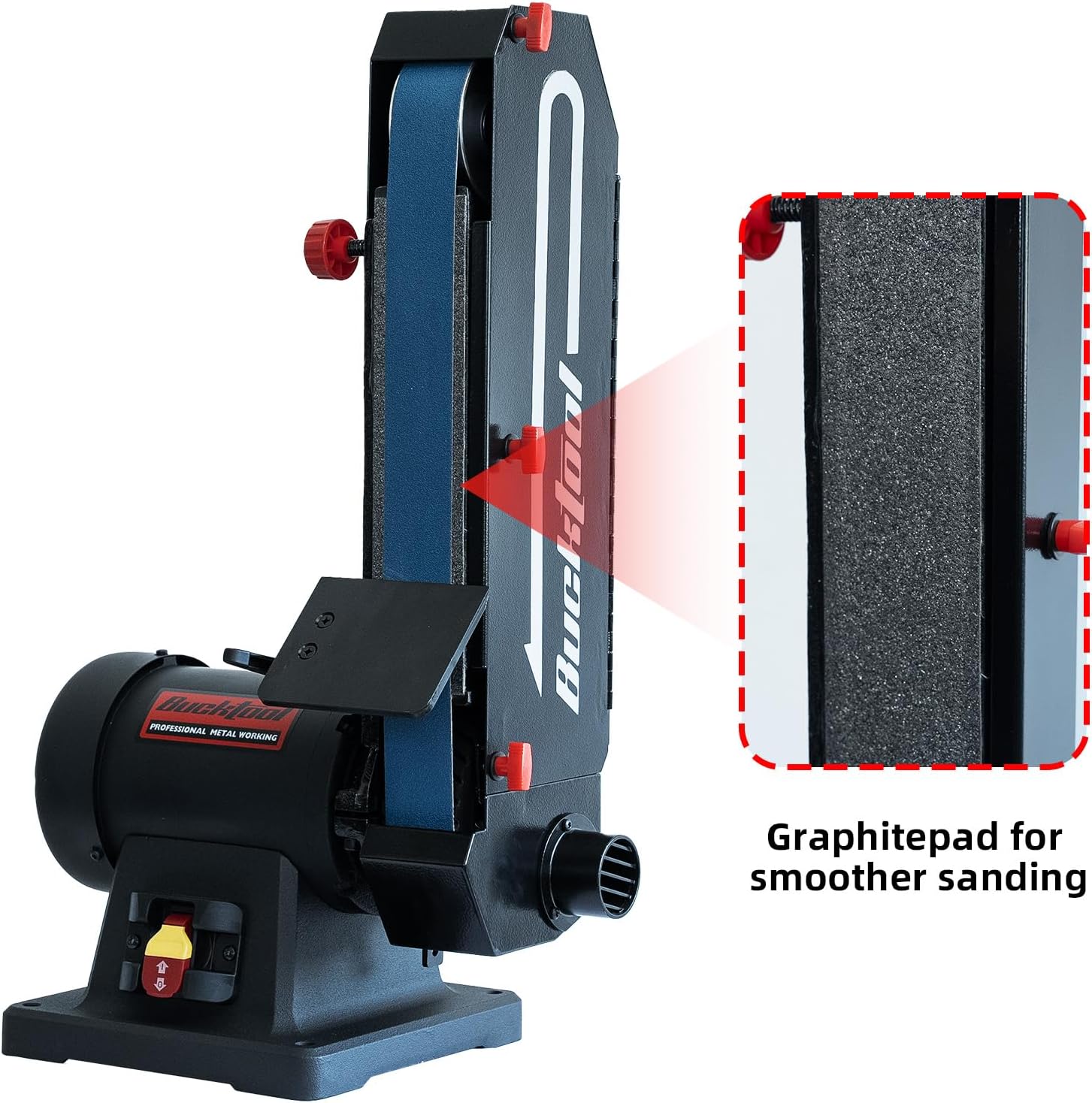 Bucktool 1HP 7A Belt Sander, 2×48 Inch 4500 FPM Bench Belt Sander, Dual-Purpose Flat & Curved Sanding Design, Iron Base & Platen with Safety Switch, Ideal for Knife Making, Metalworking, Workshop Use
