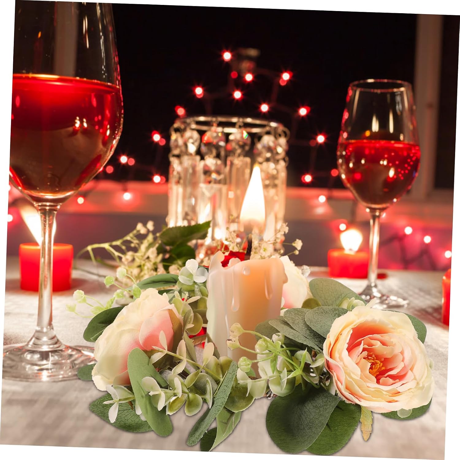 PRETYZOOM Artificial Candle Flower Wreath Centerpiece for Weddings and Home Decor Lifelike Faux Roses and Greenery Table Decoration Random Colors