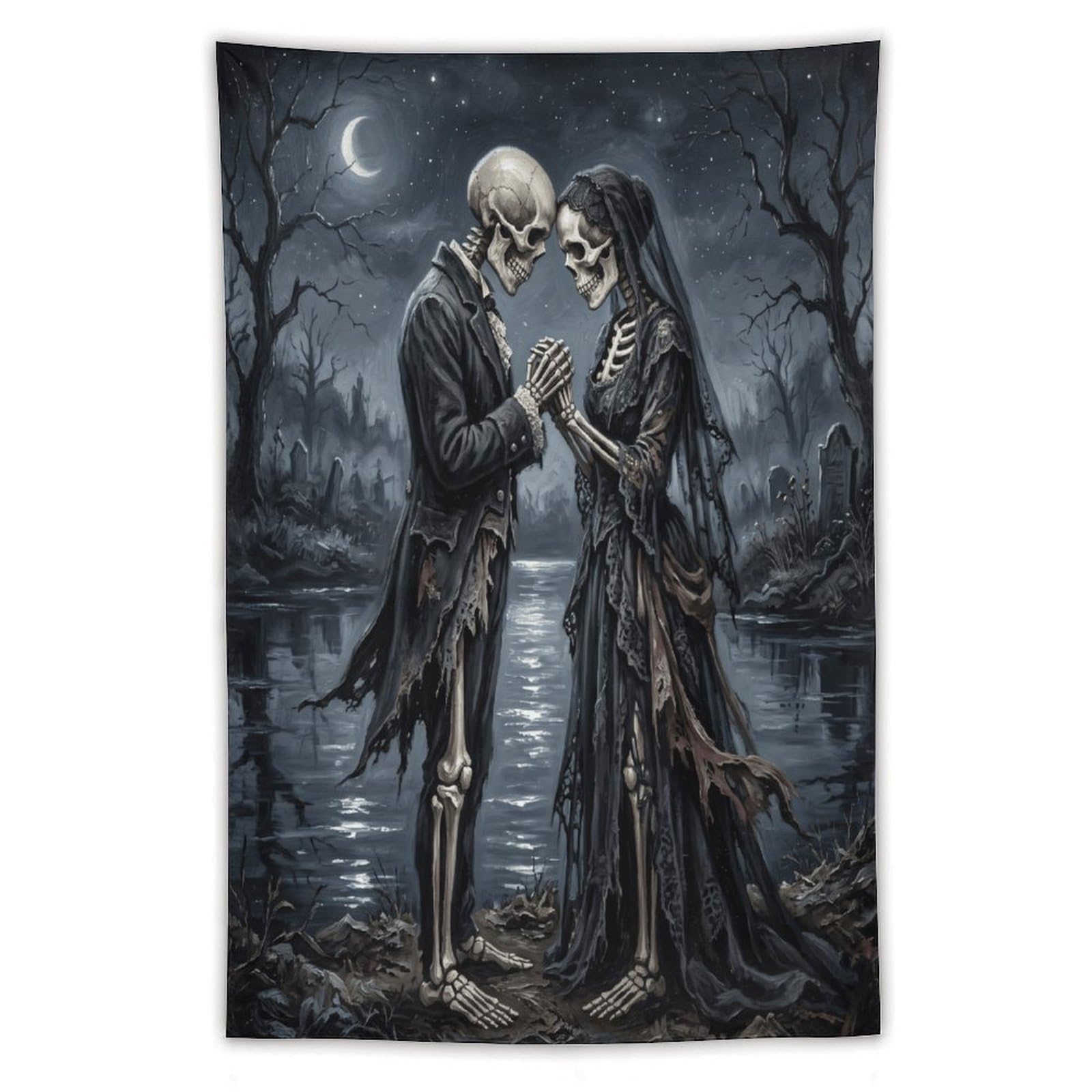 W7C8U2X3 Moonlit Skeleton Couple Wall Tapestry, Dark Fantasy Illustration