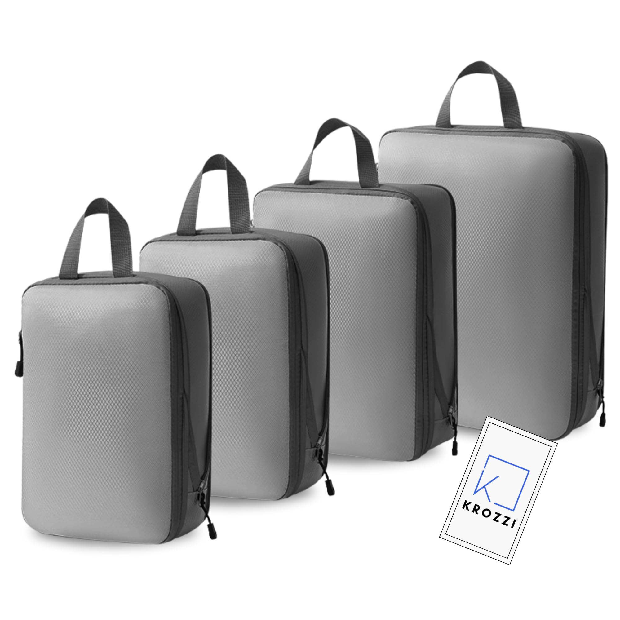KROZZI Compression Packing Cubes Set - Lightweight Travel Organizer Bags, Waterproof & Durable, 4-Piece Gray Kit - Efficient Packing & Space-Saving Storage Solution for Suitcases and Luggage