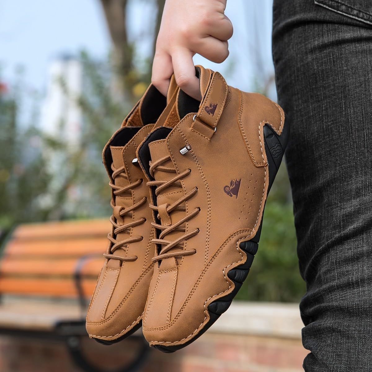 Italienische handgefertigte hohe Stiefel für Herren mit Klettverschluss, Outdoor-Beck-Schuhe, atmungsaktiv, rutschfest, lässig, barfuß, zum Gehen, Wandern, Fahren, Chukka-Stiefel(Braun,42 EU)