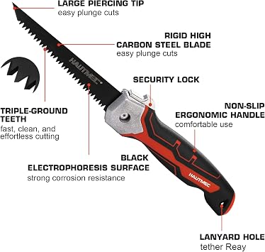 HAUTMEC Folding Drywall Saw with Holster, 7TPI Triple-Ground Keyhole Jab Saw with High-Carbon Steel Blade, Black Rust-Resistant Coating & Non-Slip Rubber Grip, for Drywall, Plywood & PVC HT0415