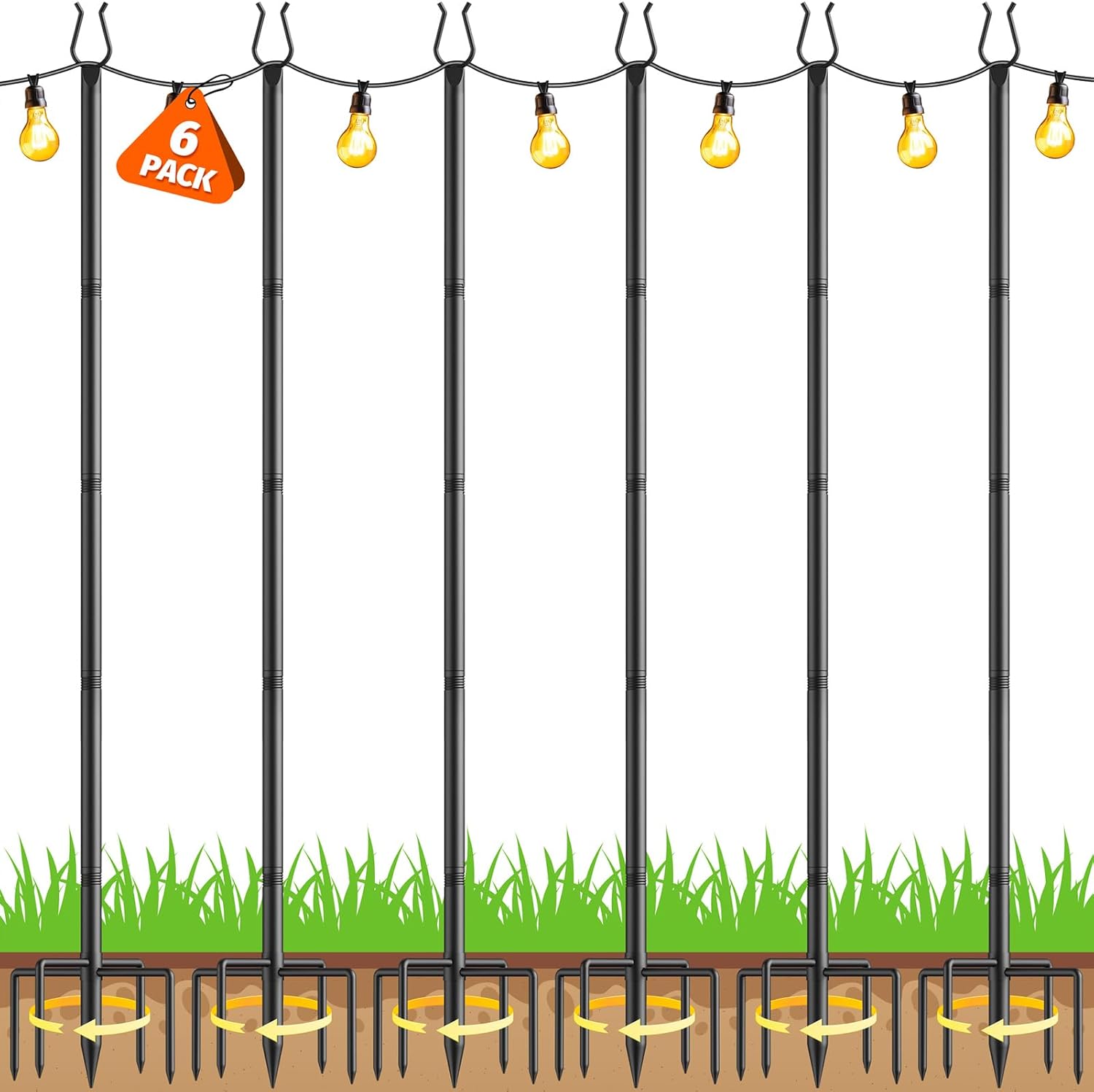 6 Pack String Light Poles - 10FT Light Poles for Outside with Fork Base, Outdoor String Light Poles, Durable Poles for String Lights in Backyard, Deck, Garden, Wedding Events