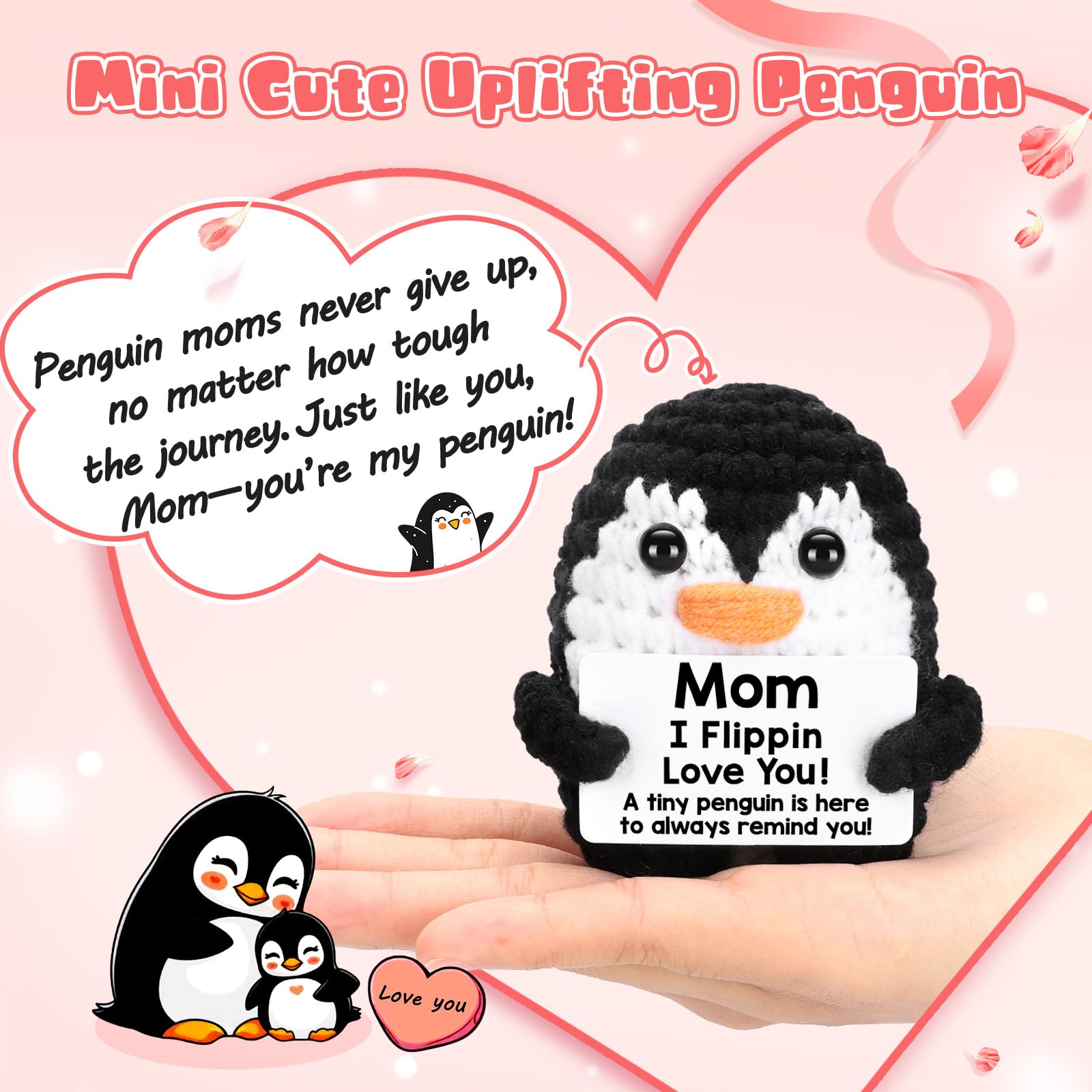 Mothers Day Birthday Gifts for Mom from Daughter Son, Handmade Crochet Mini Penguin Mom Gifts for Mother‘s Day Birthday Mama Mommy Mother in Law Bonus Step, Funny I Love You Moms Small Cute Decor