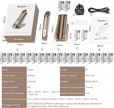 Dr.pen H6 Microneedling Pen, Wireless Serum Infusion Device with Smart Chip Control, LED Display, 6-Speed & 0–2.0mm Adjustable Depth, Dual Light Skincare Tool for At-Home Use Beauty Salon, Gold