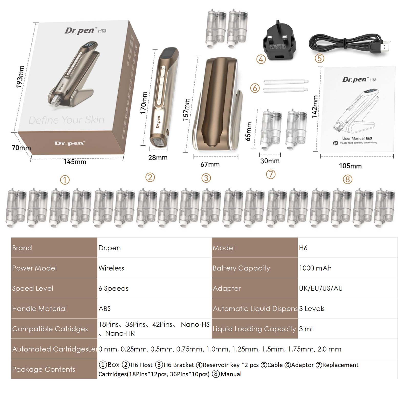 Dr.pen H6 Penna Microneedling Wireless con Infusione di Siero, Display LED, 6 Velocità e Profondità Regolabile 0–2,0 mm, Dispositivo per la Cura del Viso a Casa o in Salone, Oro