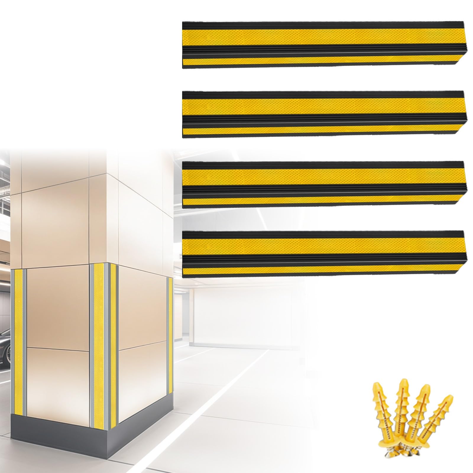 Lot de 4 protections d'angle murales pour garages – Protection réfléchissante contre les chocs pour colonnes d'entrepôt – Pare-chocs durables – Parfait pour garage et aires de stationnement