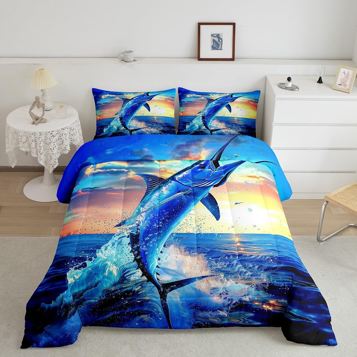 Feelyou Kids Marlin Swordfish Comforter Set Queen Size Ocean Fish Bedding image 2