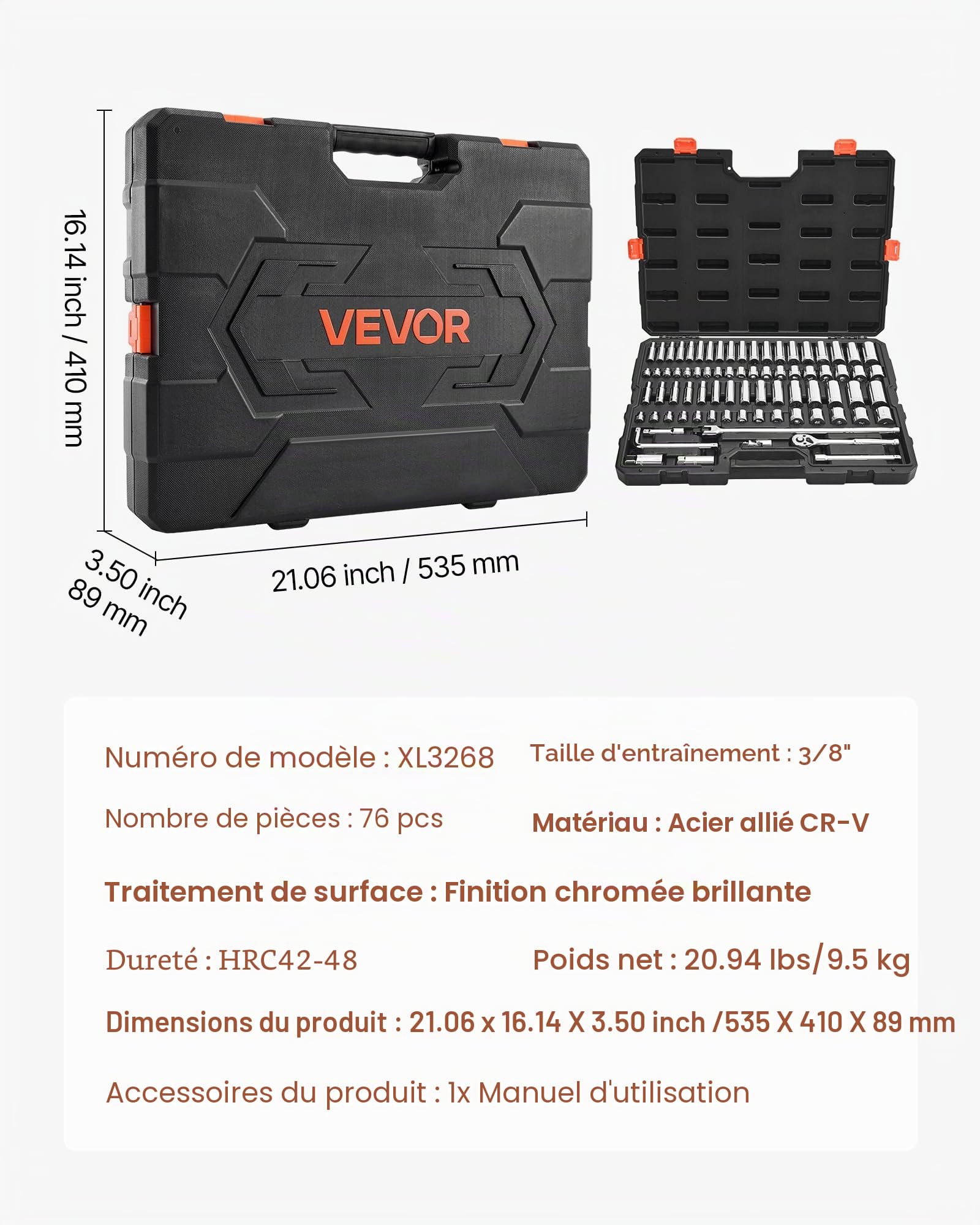 VEVOR Jeu de Douilles SAE et Métriques Profonds et Peu Profonds, Kit d'Outils de Mécanicien 76PCs, avec Clé à Cliquet à Entraînement 9,53 mm, Accessoires et Étui, en Acier Allié CR-V, pour Réparation