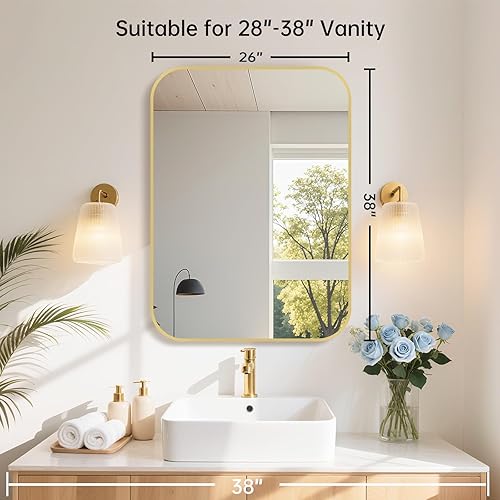 Miniatura 7 de Espejo de baño dorado de 26 x 38 pulgadas, espejo rectangular con marco de metal dorado cepillado con esquina redondeada, espejo de tocador de baño