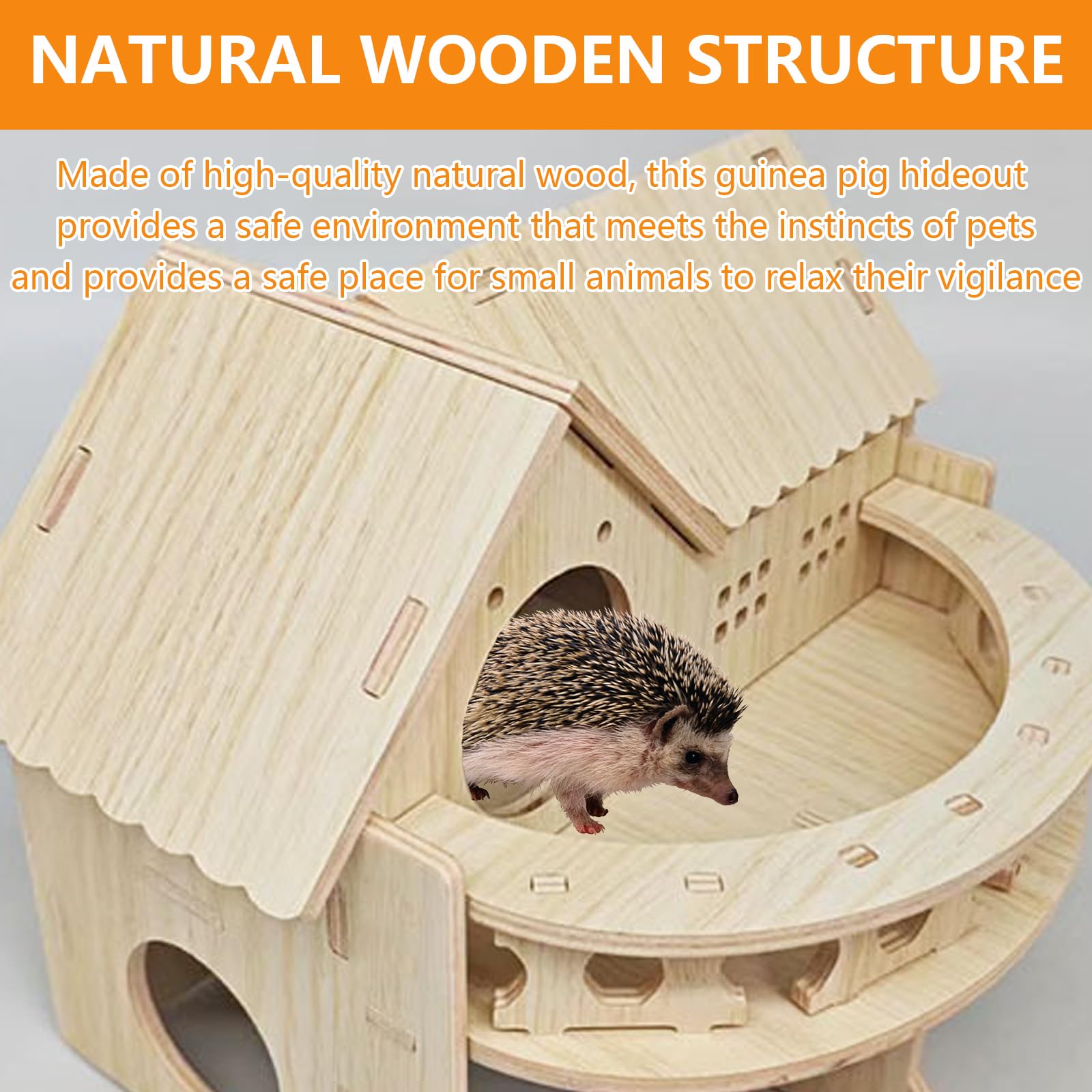 Casa para Erizos, 35 x 27 x 27 cm Casa del Erizo de Madera con Terraza Gran Casa para Erizo Desmontable con Múltiples Entradas y Salidas Redondas para Erizos o Cobayas para Refugio e Hibernación