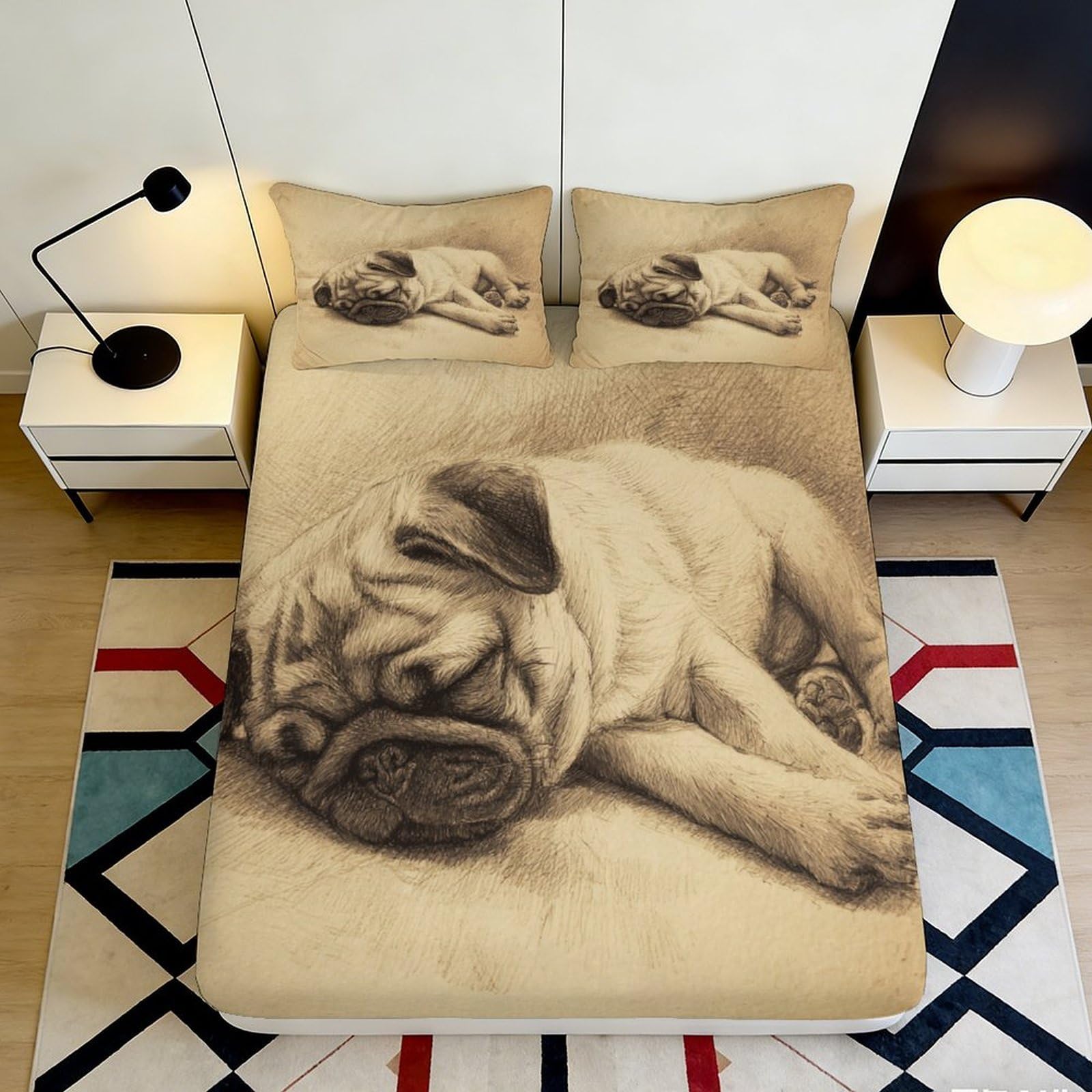 Jqzkxnhpbr Style-7 3D Printed Sleeping Pug Fitted Sheet Microfiber Soft Dog Illustration Bed Cover For Bedroom Guest Room Decor Easy Care 90X200x25cm