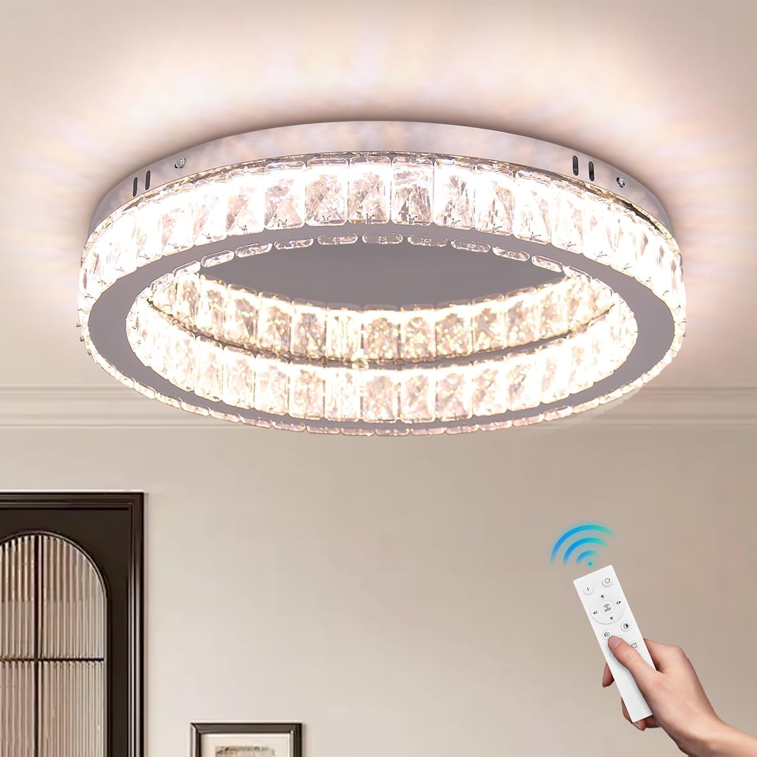 Finktonglan 45 cm Runde Kristall LED Deckenleuchte, Dimmbar, 3000-6500K | 48W Integrierte LED, 5%-95% Dimmung, Fernbedienung und App, Nachtlicht, Timer und Speicherfunktion für Wohnzimmer und Küche