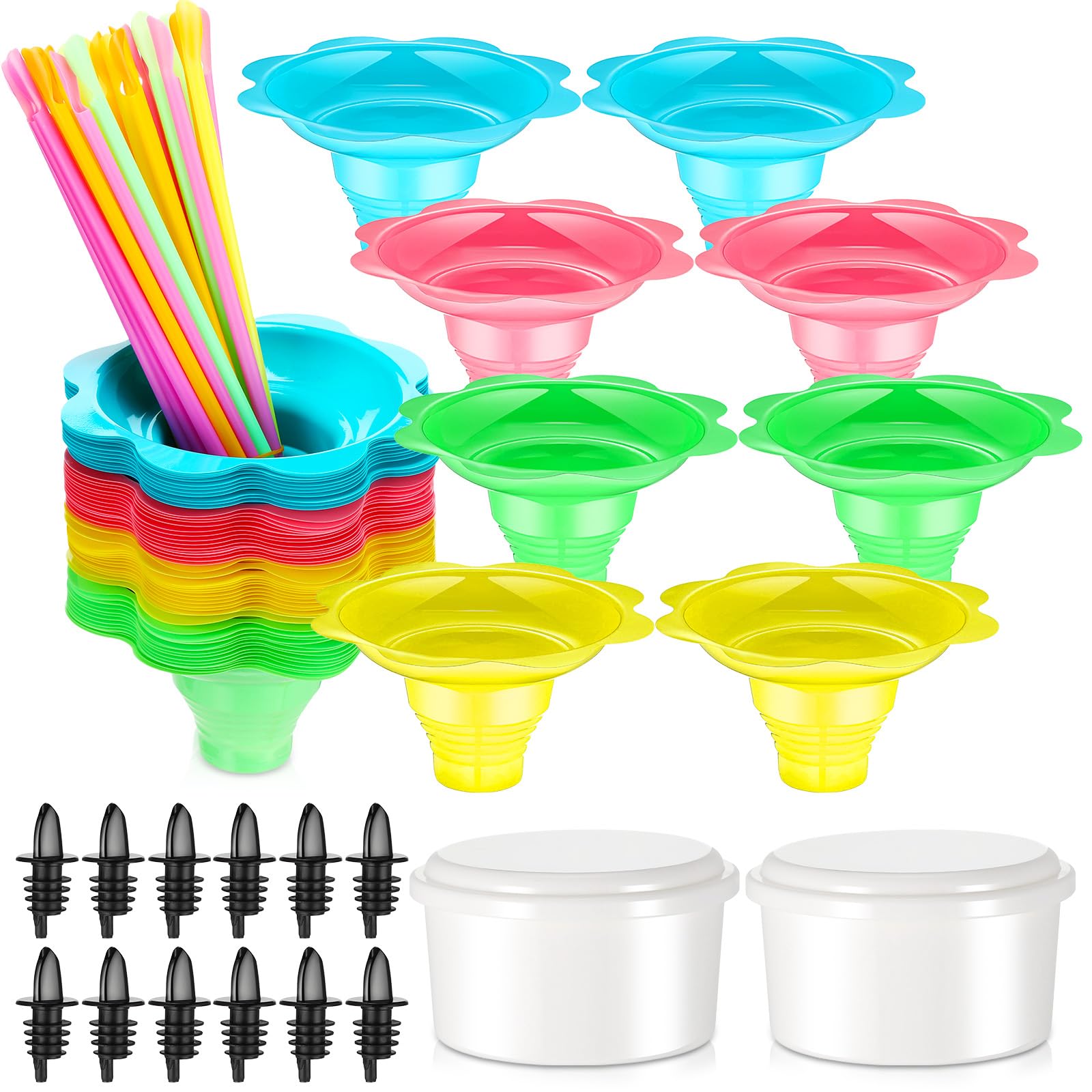 Baderke 114 Pcs Colorful Flower Snow Cone Cups 4 oz Reusable Shaved Ice Drip Cups Small Bowls with 50 Pcs Cone Spoon Straws 12 Bottle Pourers 2 Plastic Ice Mold with Lid for Party Summer Picnic