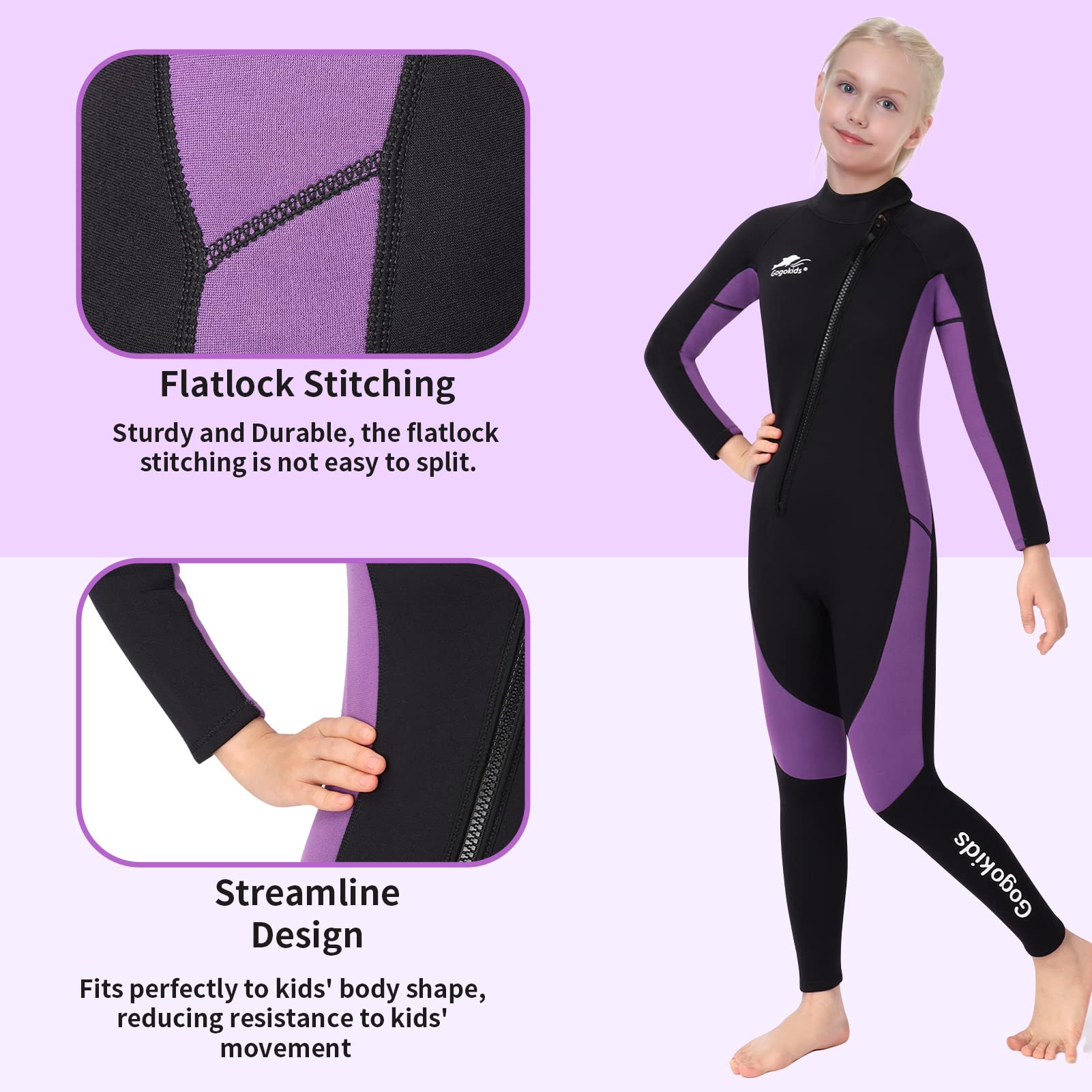 Gogokids Muta Termica per Bambina - Ragazze Muta da Sub Intero 2.5mm Neoprene, Costumi da Bagno Termica Cerniera Frontale per Surf Diving Snorkeling Nuotare