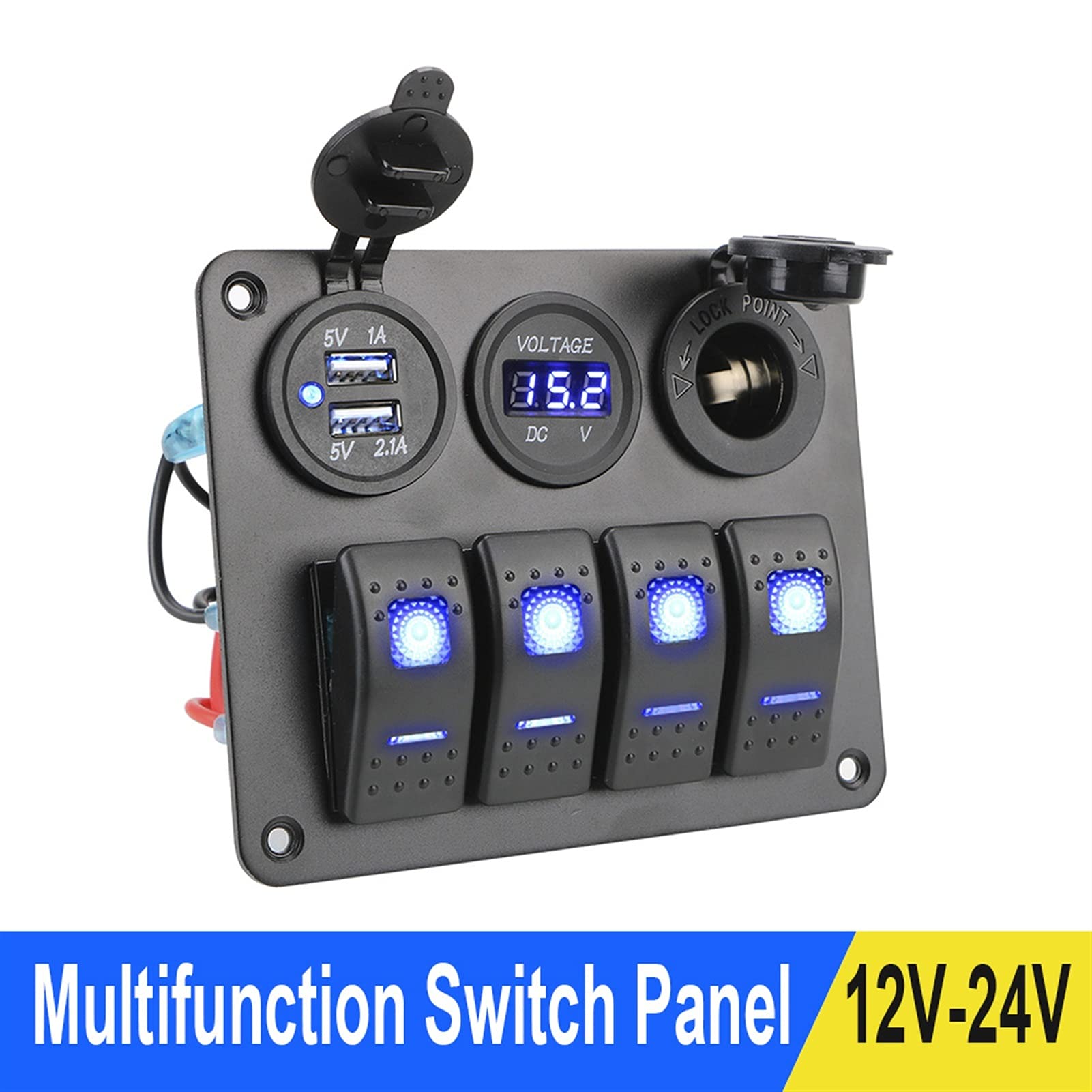 4 Gang LED Rocker Panel Przełącznik 12V / 24 V Kombinacja wyłącznika Cyfrowy Voltmetr Dual USB Port do samochodów Karawany Camper RV(Red)