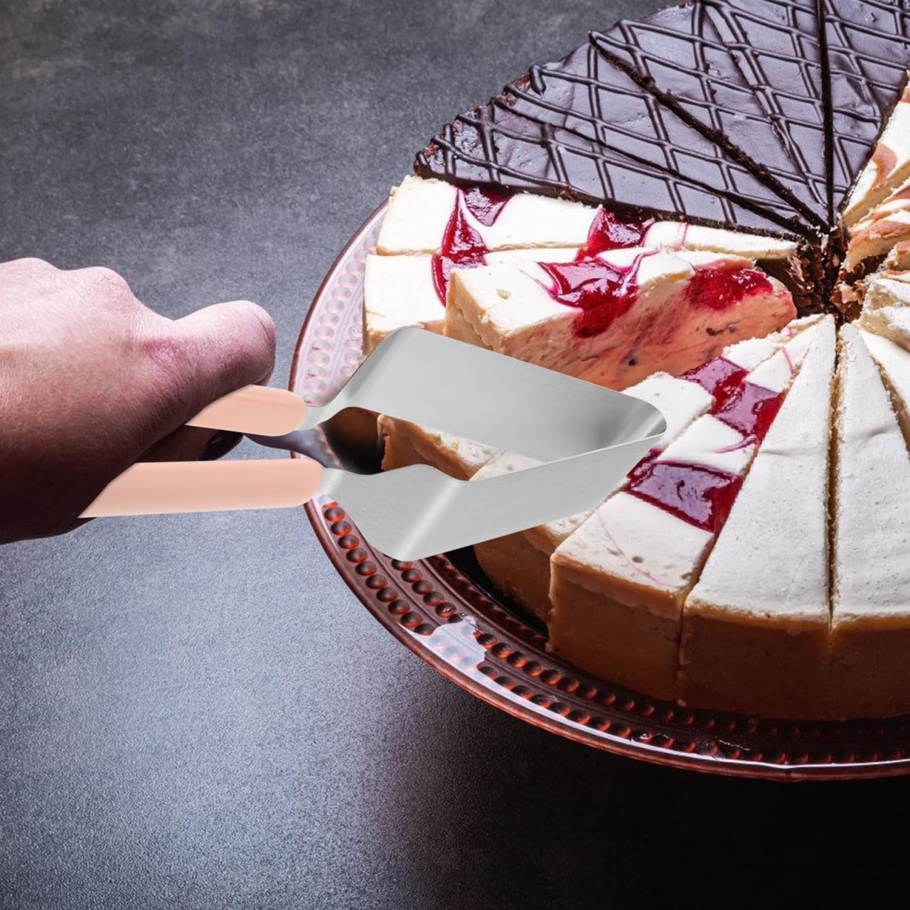 Hemobllo Stainless Steel Cake Cutter 10.62 Inch with Triangular Divider for Even Cake Slicing and Serving Ideal for Weddings Birthdays Parties