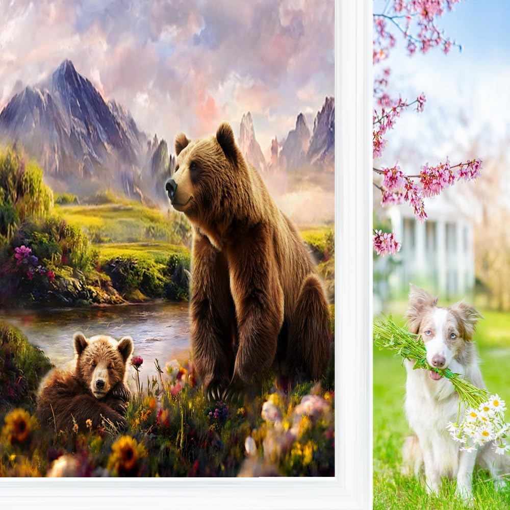 Rustic Watercolor Wildlife Brown Bear Window Privacy Film,Cabin Fall Forest Animal Bear Maple Leaves Self Adhesive Window Stickers-23.6W x35.4L in x1Pcs